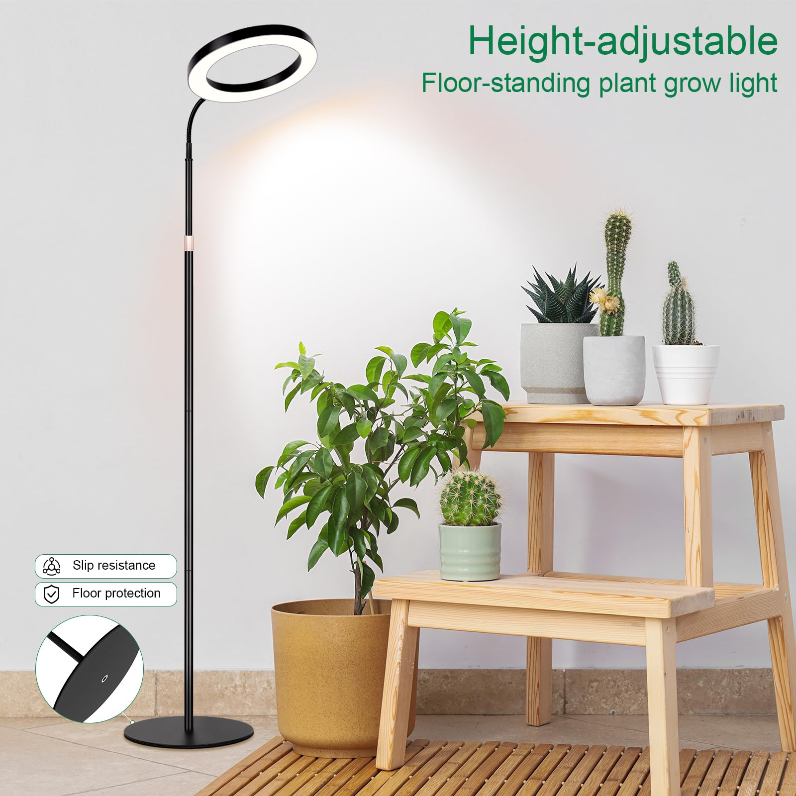 LBW Grow Lights for Indoor Plants, Full Spectrum, 10.2" Diameter, Adjustable Height 47.2-63", Black, Model A0208, Auto Timer, 4 Dimm