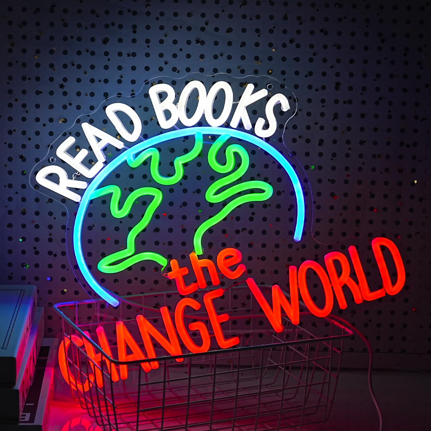 GNVETZLL LED Neon Sign - Read Books Change The World - Dimmable, USB Powered, Acrylic, 16.5x12.6In, White Green Blue Red