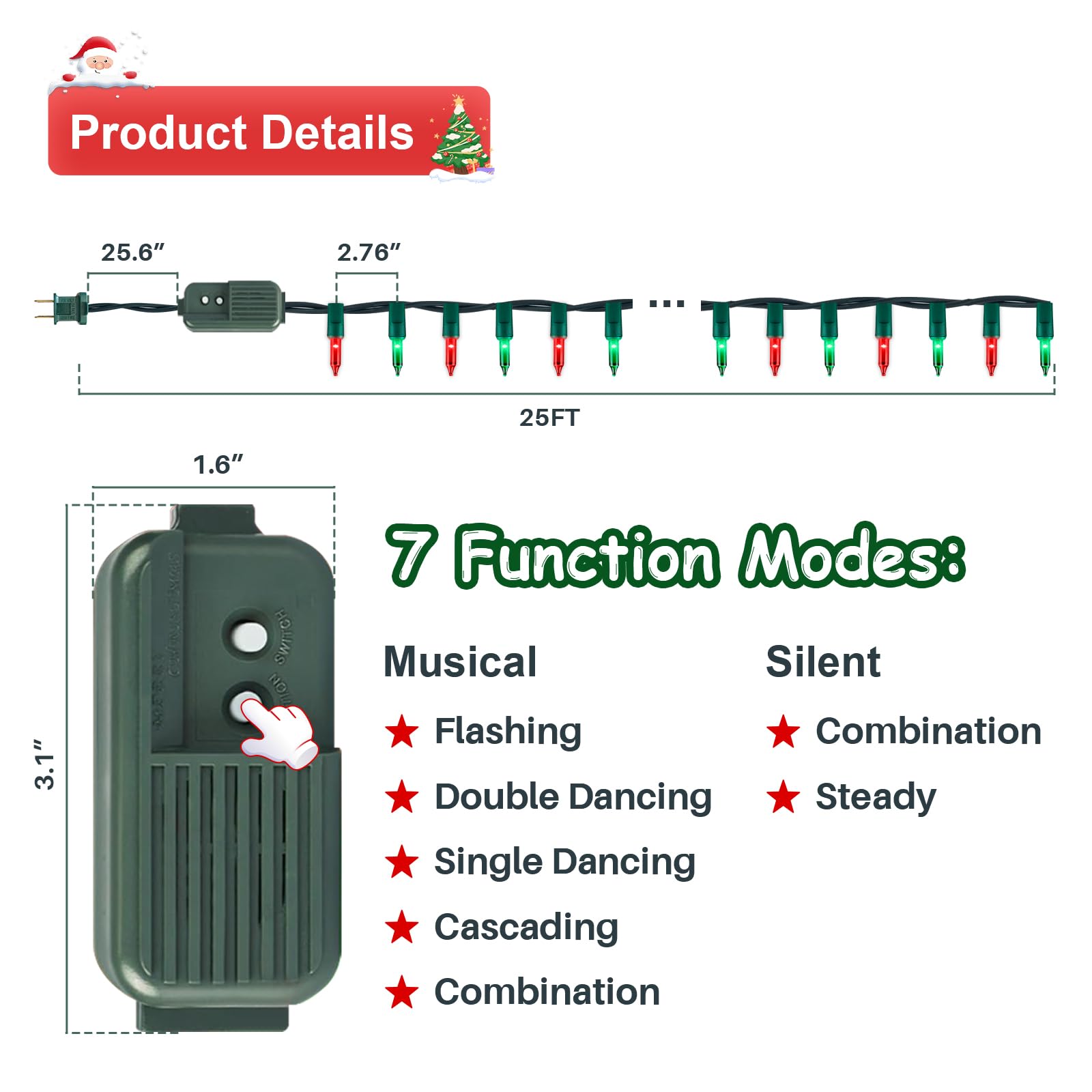 LAMPHOME Musical Christmas Lights, 100 Lights, 23.7ft, Plays 25 Songs, UL Certified, Red and Green Mini Bulb String Lights