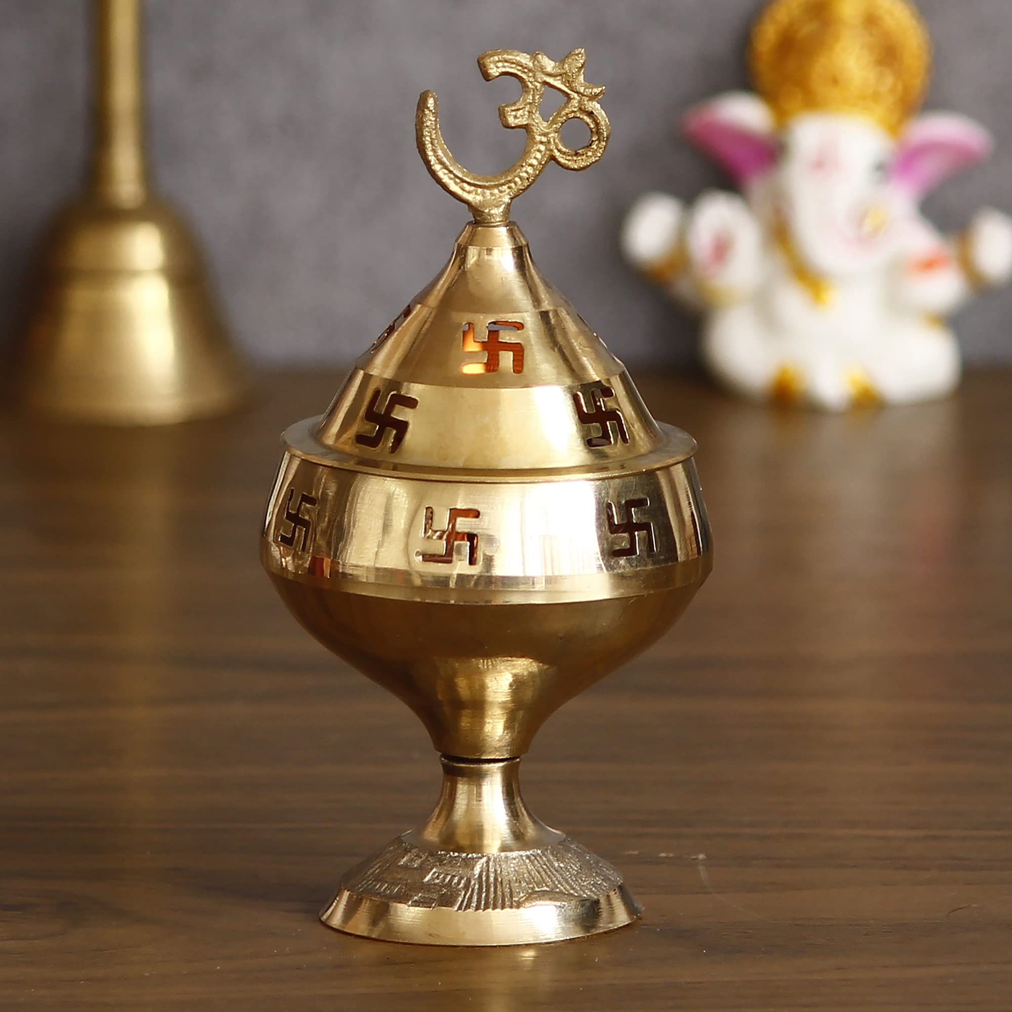 eCraftIndia Golden Om and Swastik Symbol Decorative Brass Diya - Auspicious Designer Akhand Diya for Puja Room, Home, Office, Te