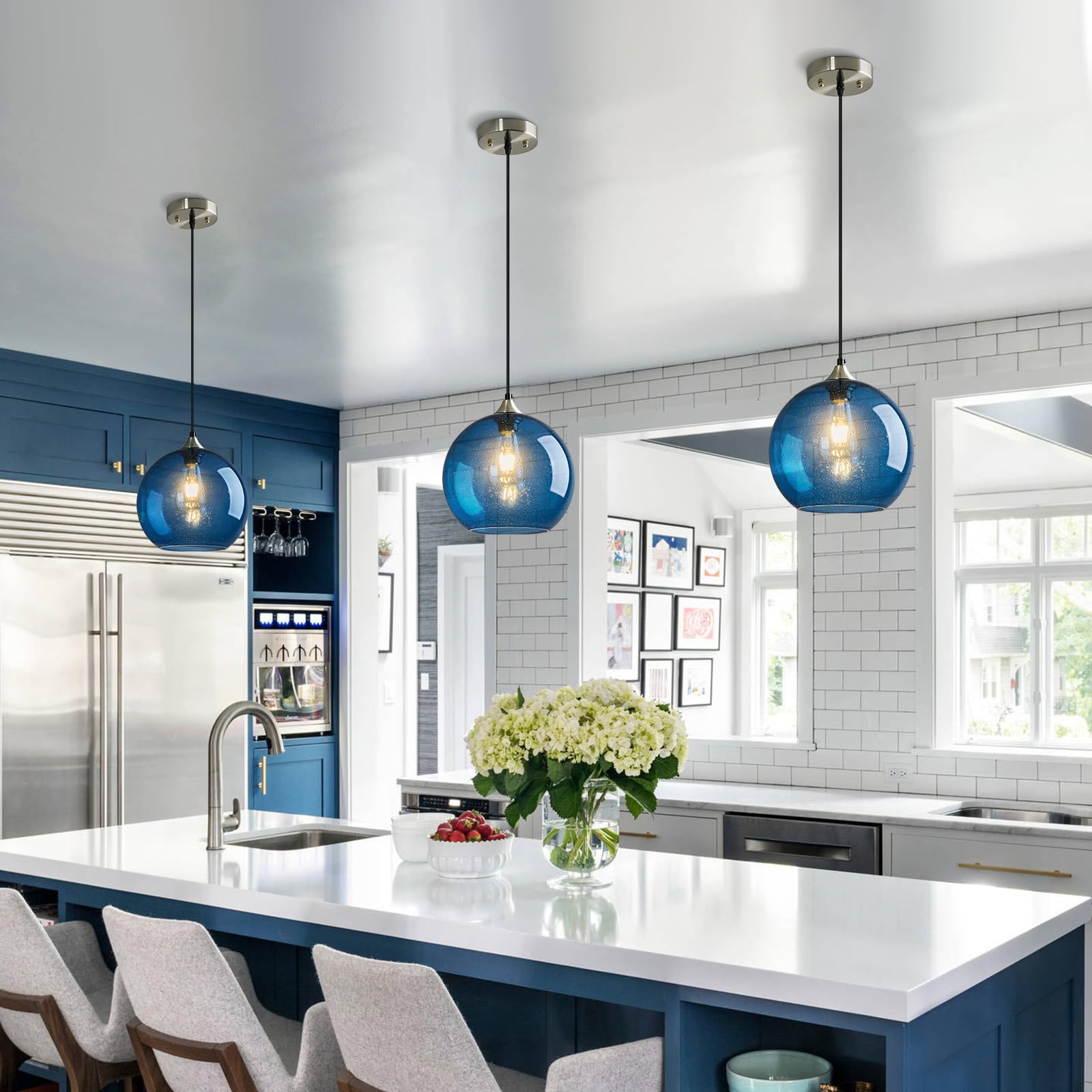 Lbsqj Blue Glass Pendant Lights Kitchen Island Lighting Globe Pendant Light Fixtures Modern Pendant Lighting For Kitchen Island Bedroom Living Dining Room Light Fixture(9.84In  3-Pack)