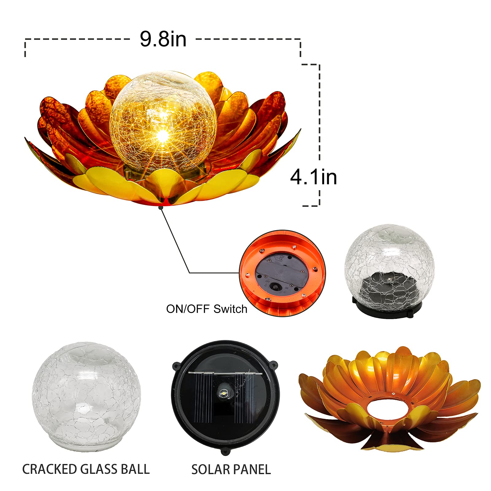 WNP Solar Flower Light - Outdoor Garden Decor, Metal Petal, Gold, Model WNP-FL-G