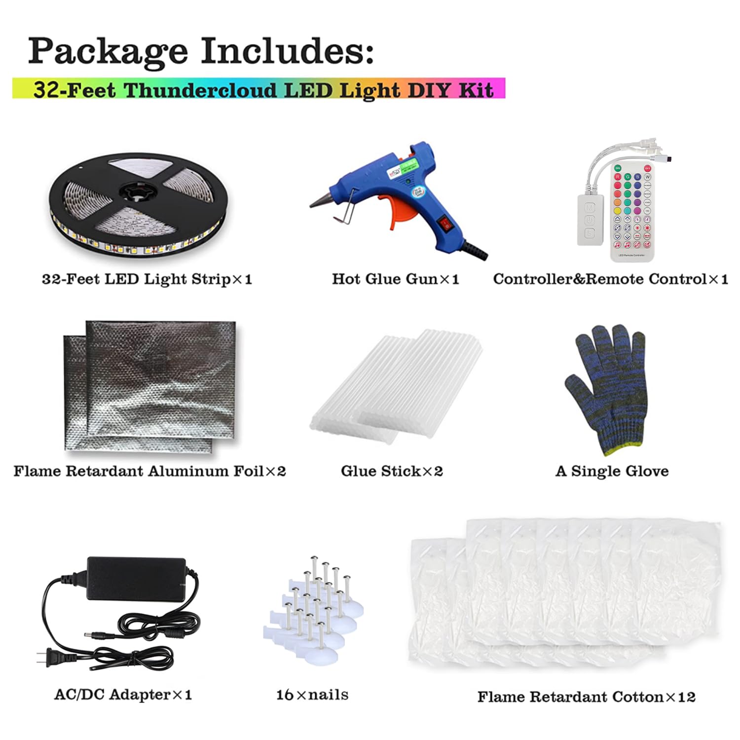 Fuslite 2024 New Cloud Light, 3D Thundercloud Led Light Cotton Lightning Cloud Colorful Atmosphere Night Light, Diy Creative Cloud Lights Gaming Room Garage Club Bar Dj Party Light, 32 Feet