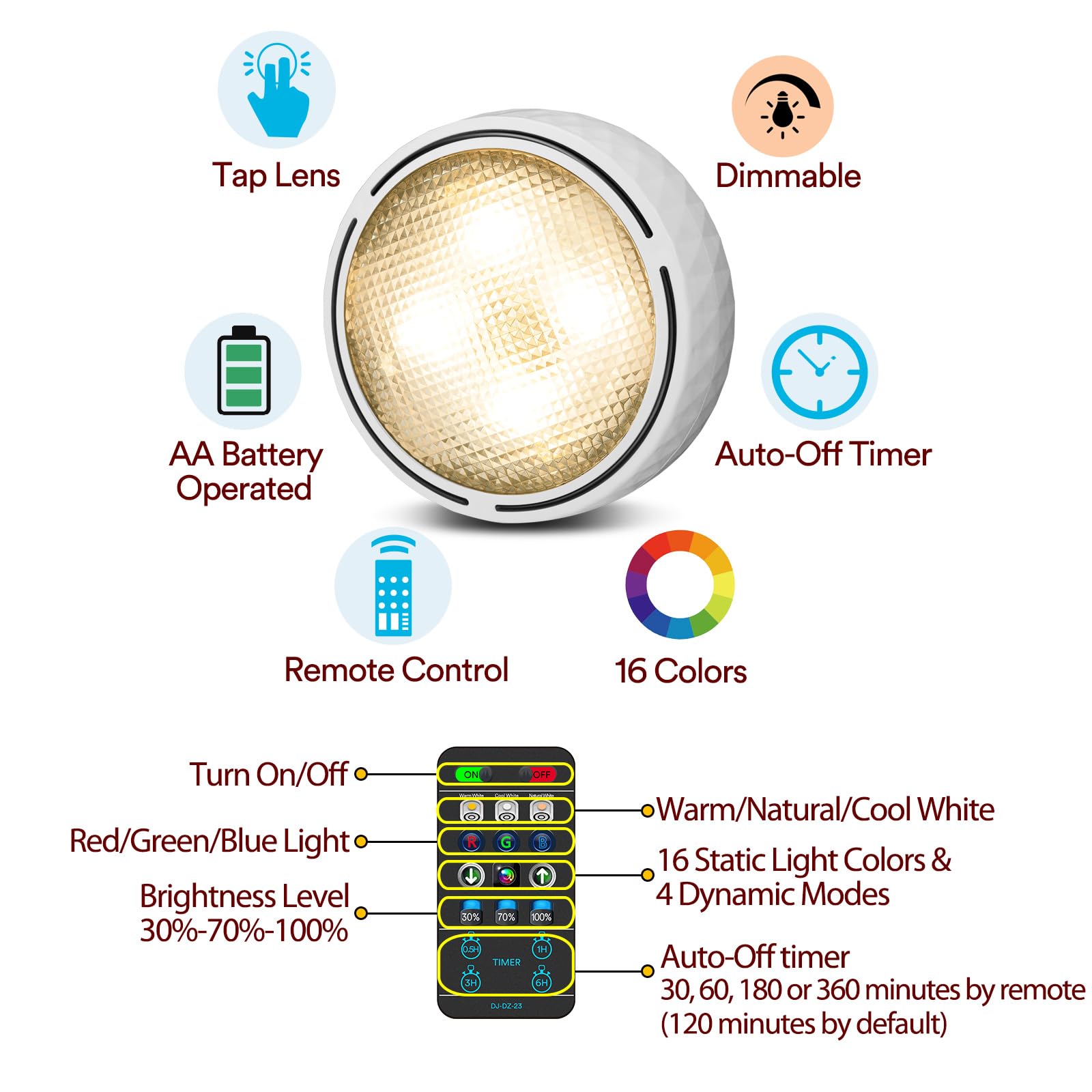 TECOMLIGHT LED Puck Lights with Remote Control, Wireless Battery Operated, Color Changing, 6 Pack, White, Model 5#-F-22-02