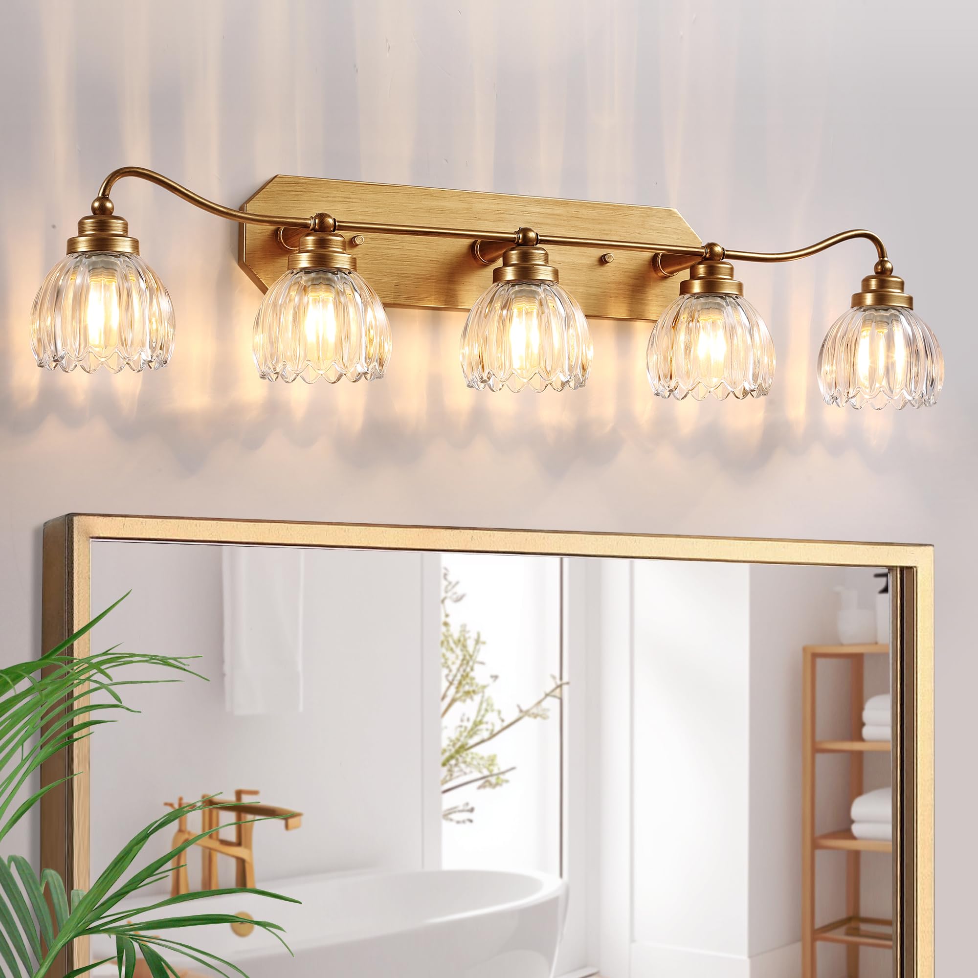 CmnVmn Vintage Bathroom Light Fixtures, 5-Light Gold Vanity Light with Crystal Glass Shade, Matte Antique Brass Finish, Model C5016