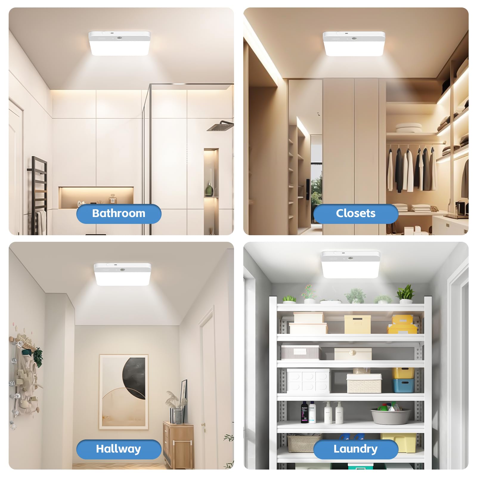 Narundren 2Pack Motion Sensor Rechargeable Ceiling Light With Remote, Cordless Closet Light Battery Operated, 3 Colors Motion Ac