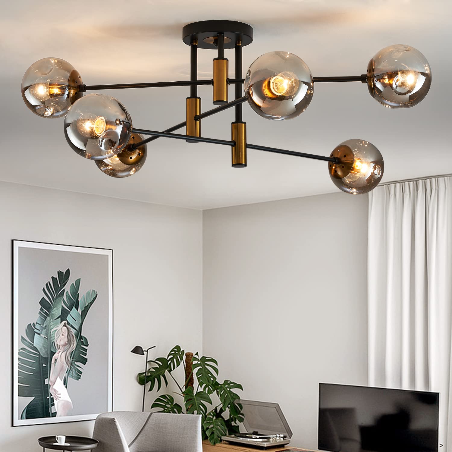 Ddlldeshi 6-Light Glass Globe Sputnik Chandelier Modern Matte Black And Gold Ceiling Light Fixture Vintage Hanging Chandeliers For Farmhouse Living Room, Kitchen Dining Room Bedroom