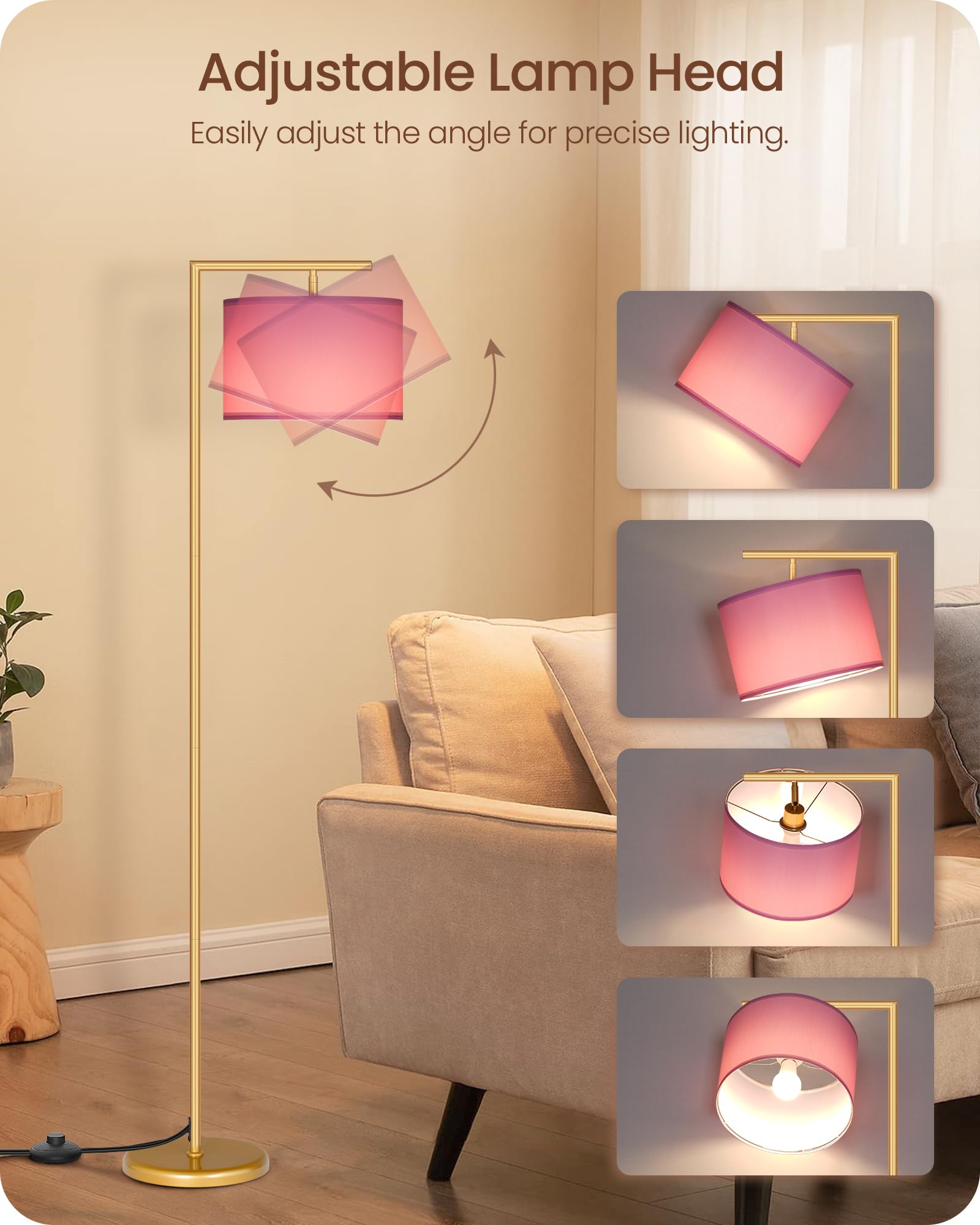 GOEBLESON Modern Gold Arc Floor Lamp with Remote, Pink Fabric Shade, LED Bulb Included, Model DP11LD05