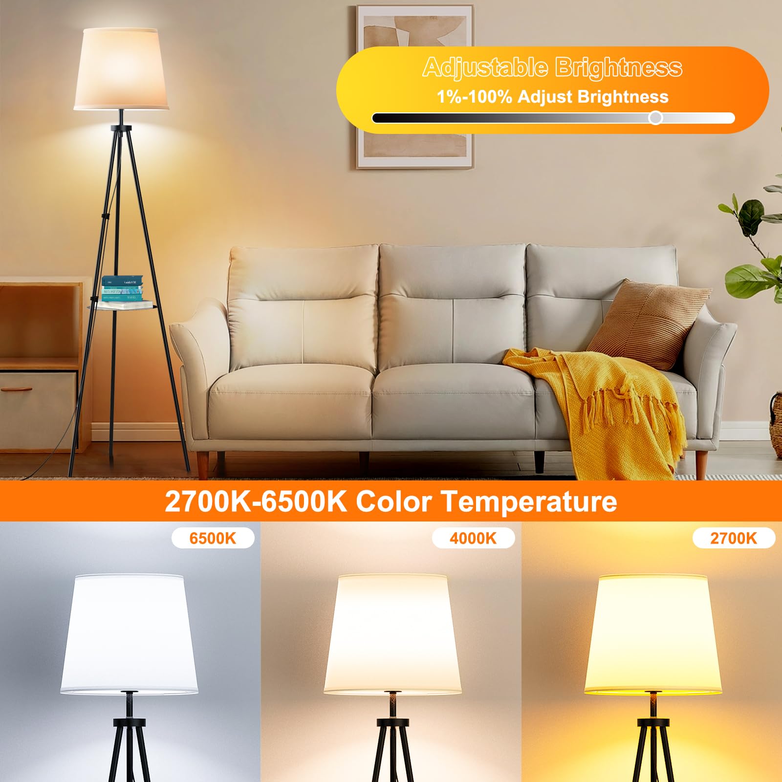 Tripod Floor Lamp, Moden Stand Up Lamp, Dimmable Standing Tall Lamp For Living Room Bedroom, Wifi Smart Rgb Light Compatible Wit