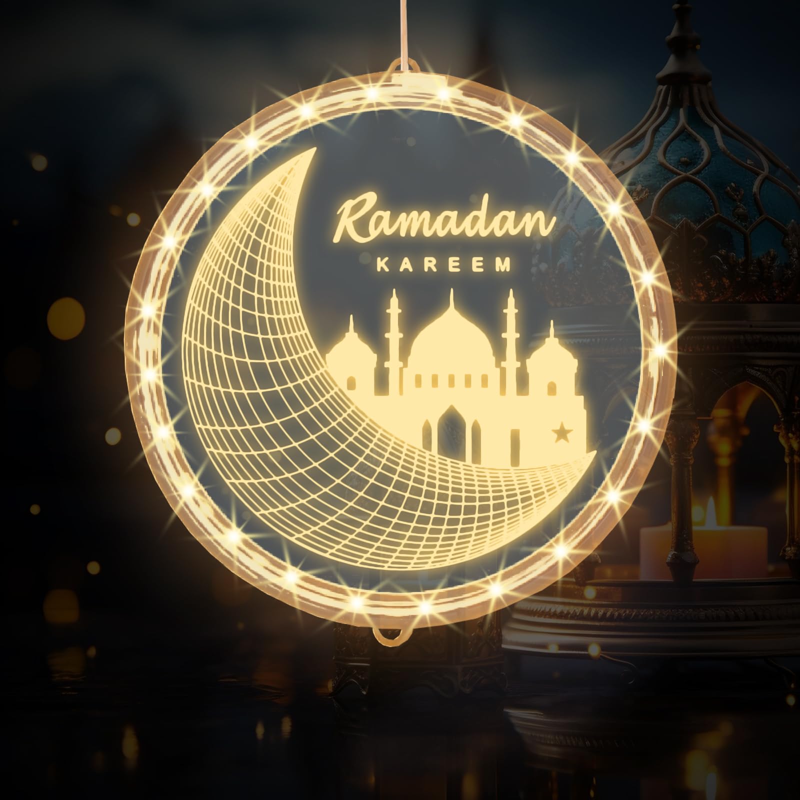 Threetols 3D LED Lights for Eid Ramadan, Moon Castle Design, Copper & Acrylic, Indoor/Outdoor Decorations