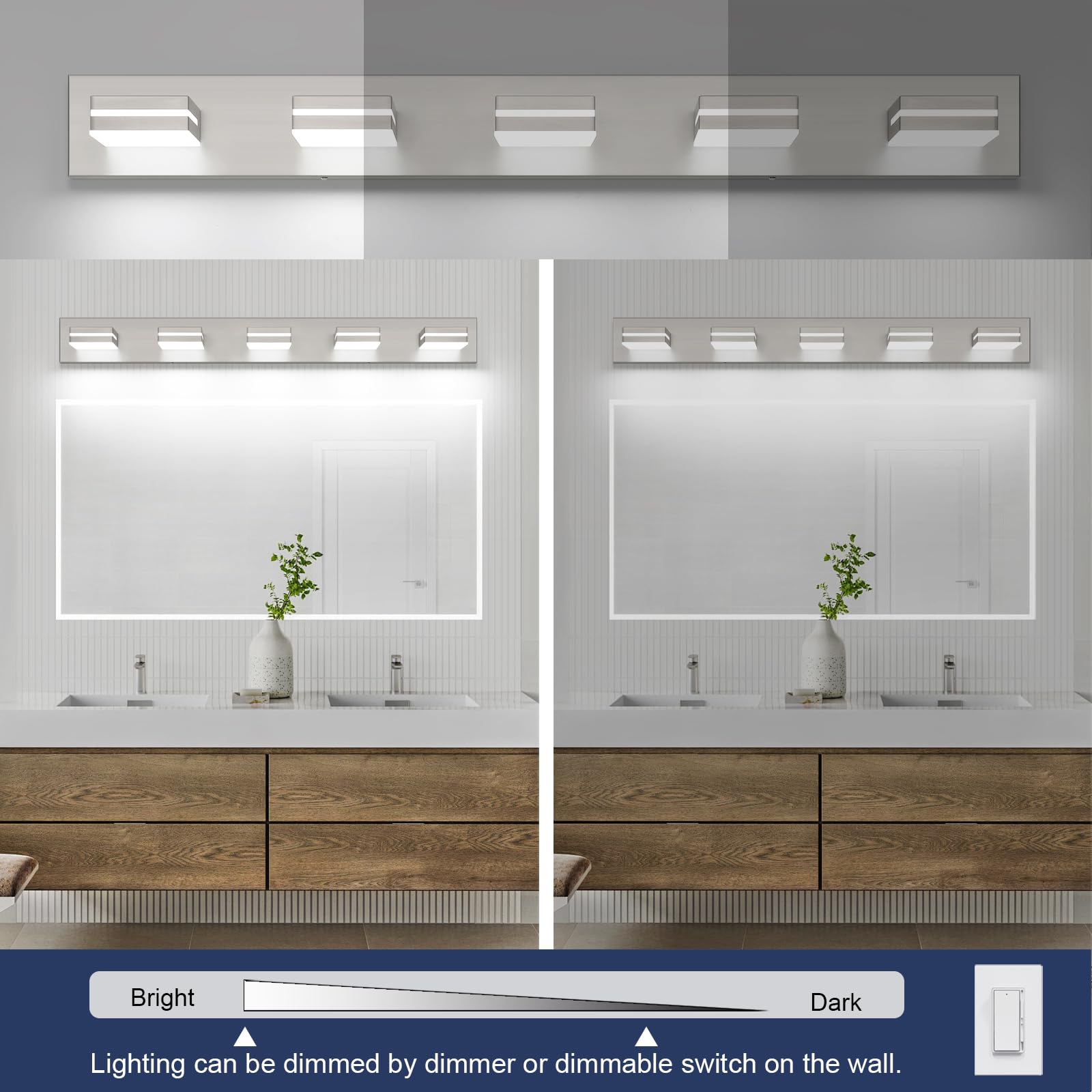 Sinerise Led Modern Bathroom Vanity Light Fixtures (5-Light  40-Inch  Dimmable)  Brushed Nickel Modern Acrylic Bathroom Wall Lighting Fixtures Over Mirror (Cool White 6000K)