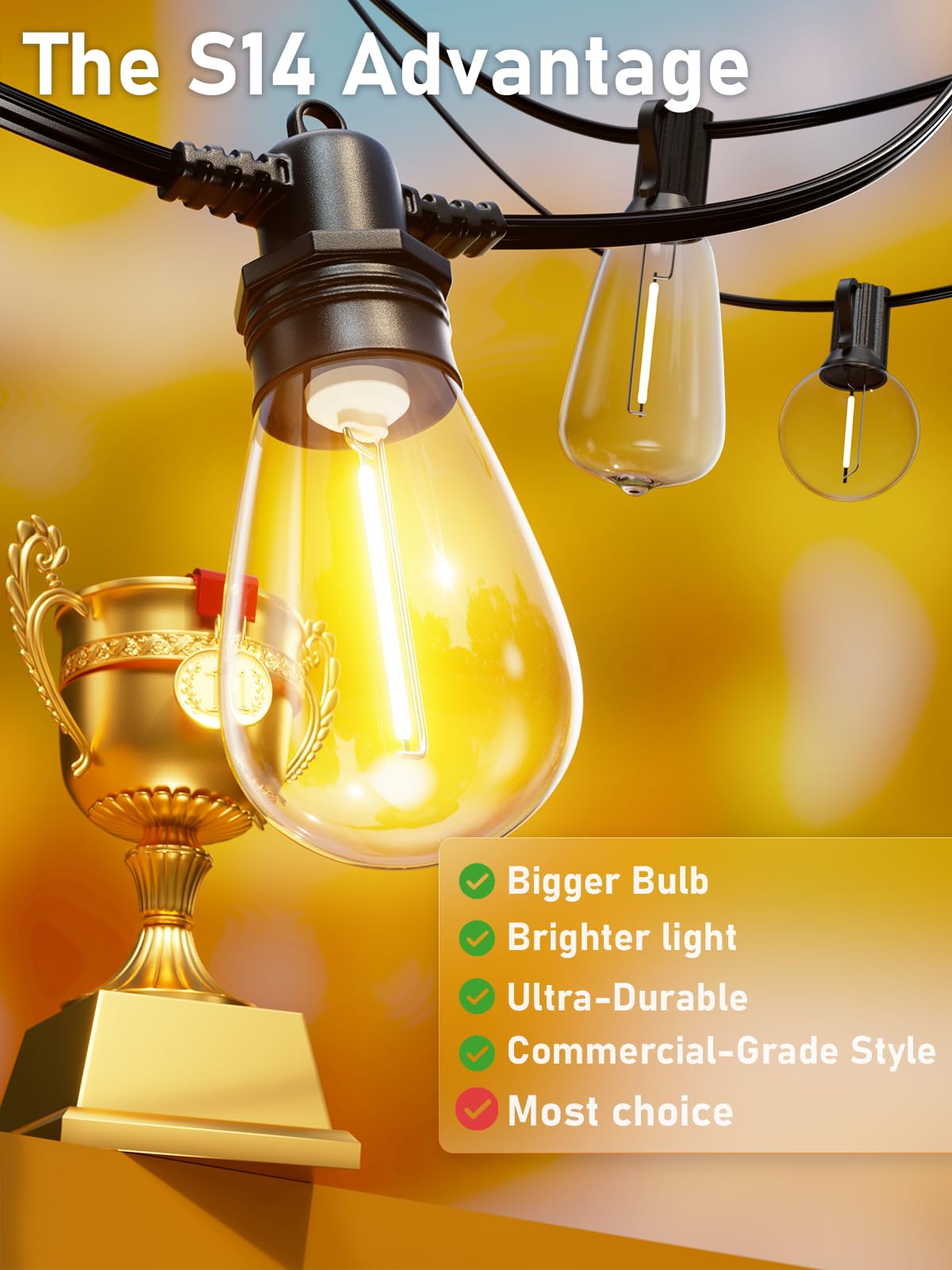 Jerritte 200Ft Led Outdoor String Lights, 60 Shatterproof Bulbs, Warm White, Ip65 Waterproof, Model Jr-S14-200, Dimmable, Heavy Duty