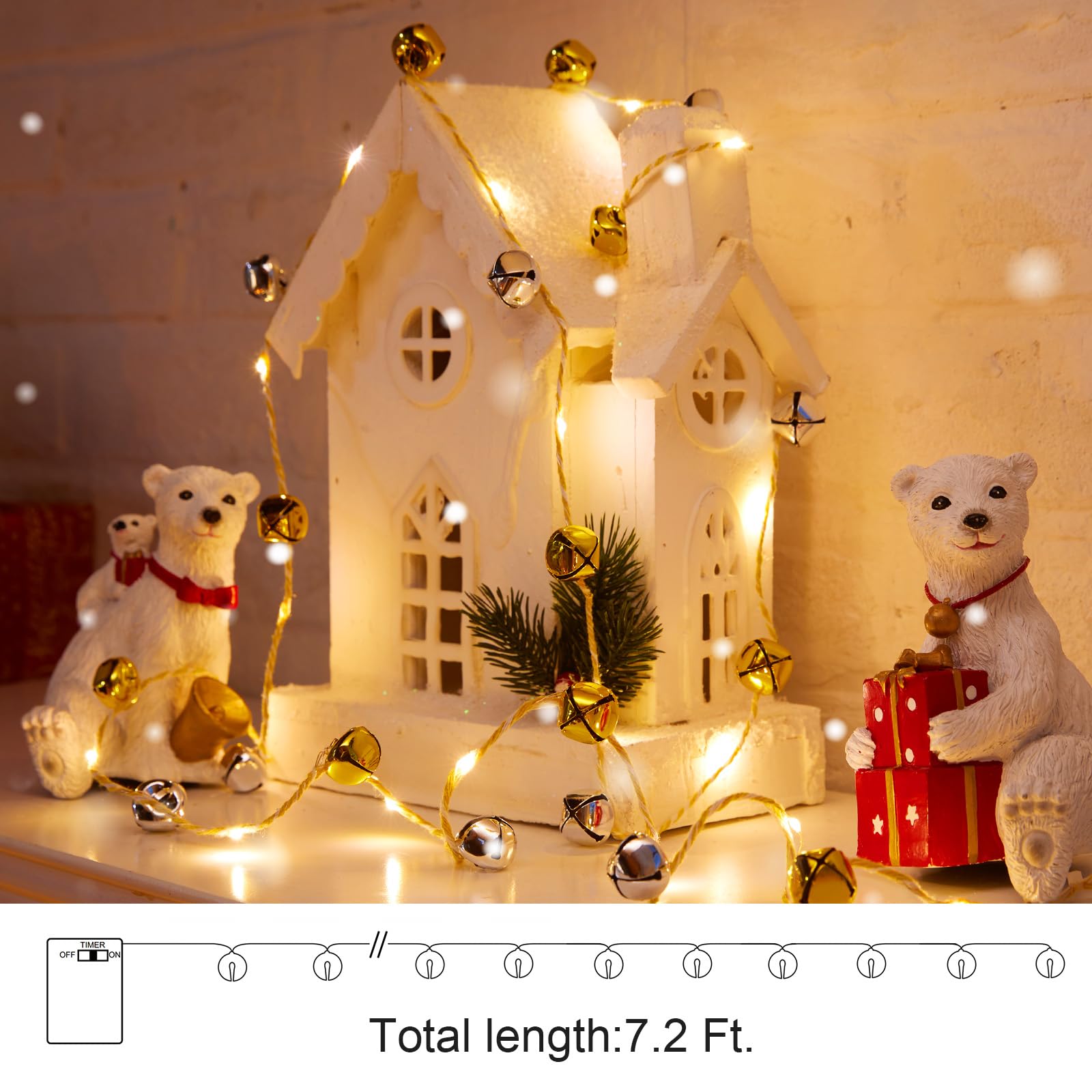 20 Led Christmas String Lights, 7.2 Ft Battery Powered Jingle Bell Lights For Christmas Winter Festival Indoor, Xmas Tree, Fireplace, Gift Decor, Gold/Silver Bells