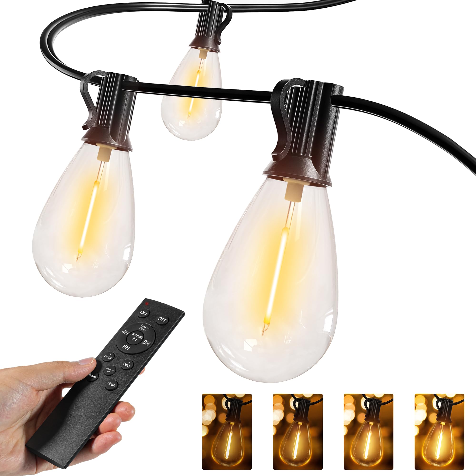 Ollny S11 50Ft Outdoor String Lights With Remote, 3 Modes Dimmable Timers Waterproof Connectable Outside Lights, 24+2 Led Spare