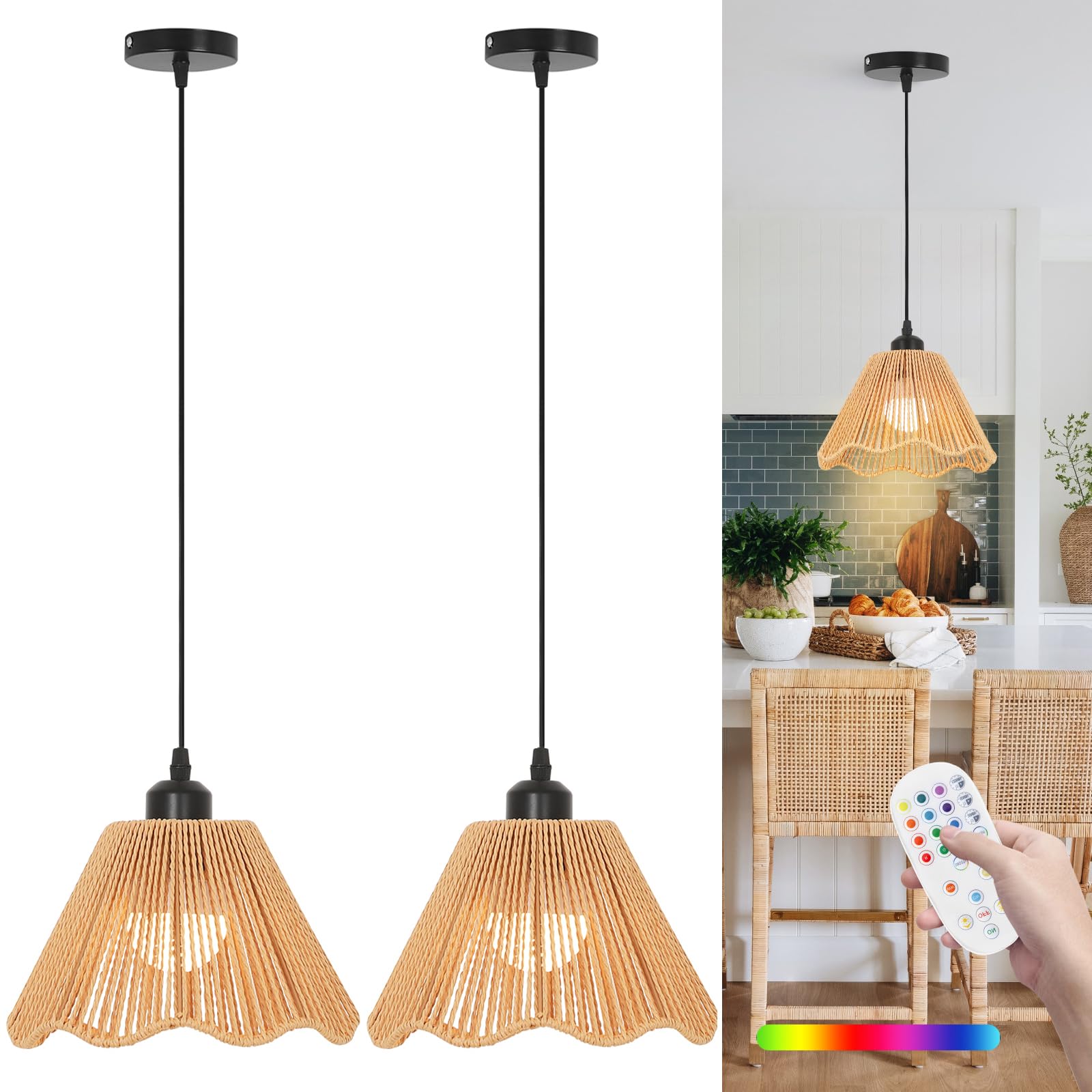 Boho Battery Operated Pendant Lights,Rechargeable Pendant Light with Remote,Rattan Pendant Light Fixtures for Kitchen Island,Boh