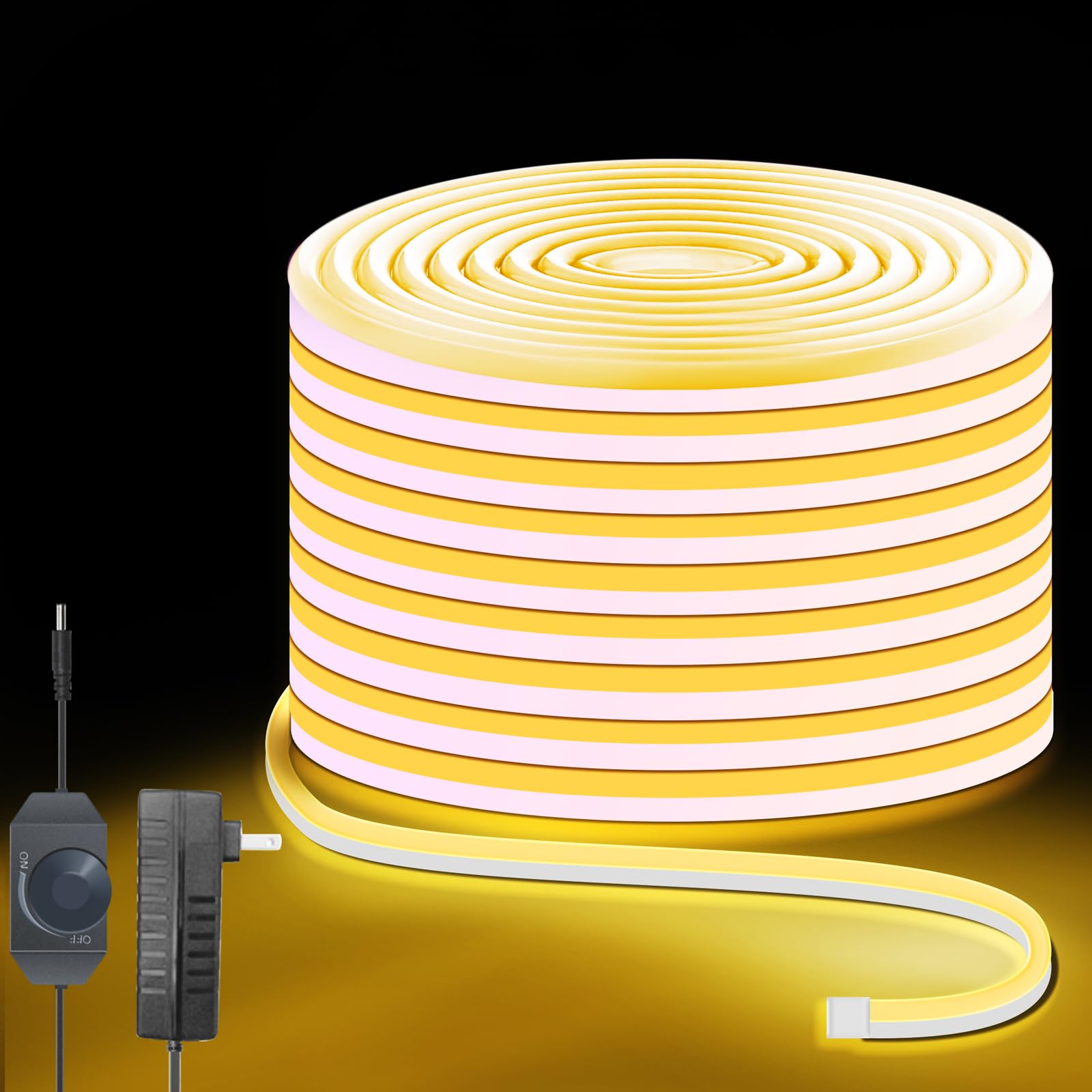 Lucienstar Neon Rope Lights 32.8ft  3000K Warm White Dimmable LED Band Lights  24V Flexible Cuttable IP67 Waterproof LED Rope Lights for Bedroom Indoor Outdoor (Power Adapter Included)