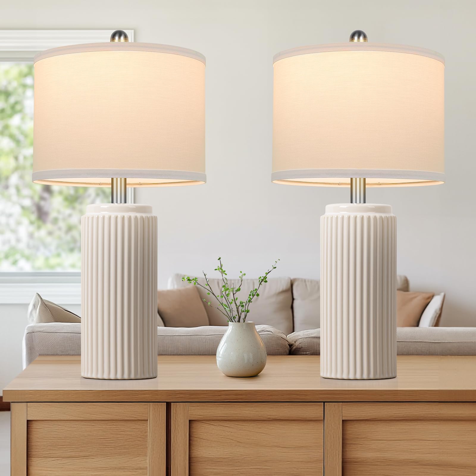 TOBUSA 23.5 Modern Ceramic Table Lamps Set of 2 for Living Room, Farmhouse Vintage Bedside Table Lamps with White Linen Shade, R