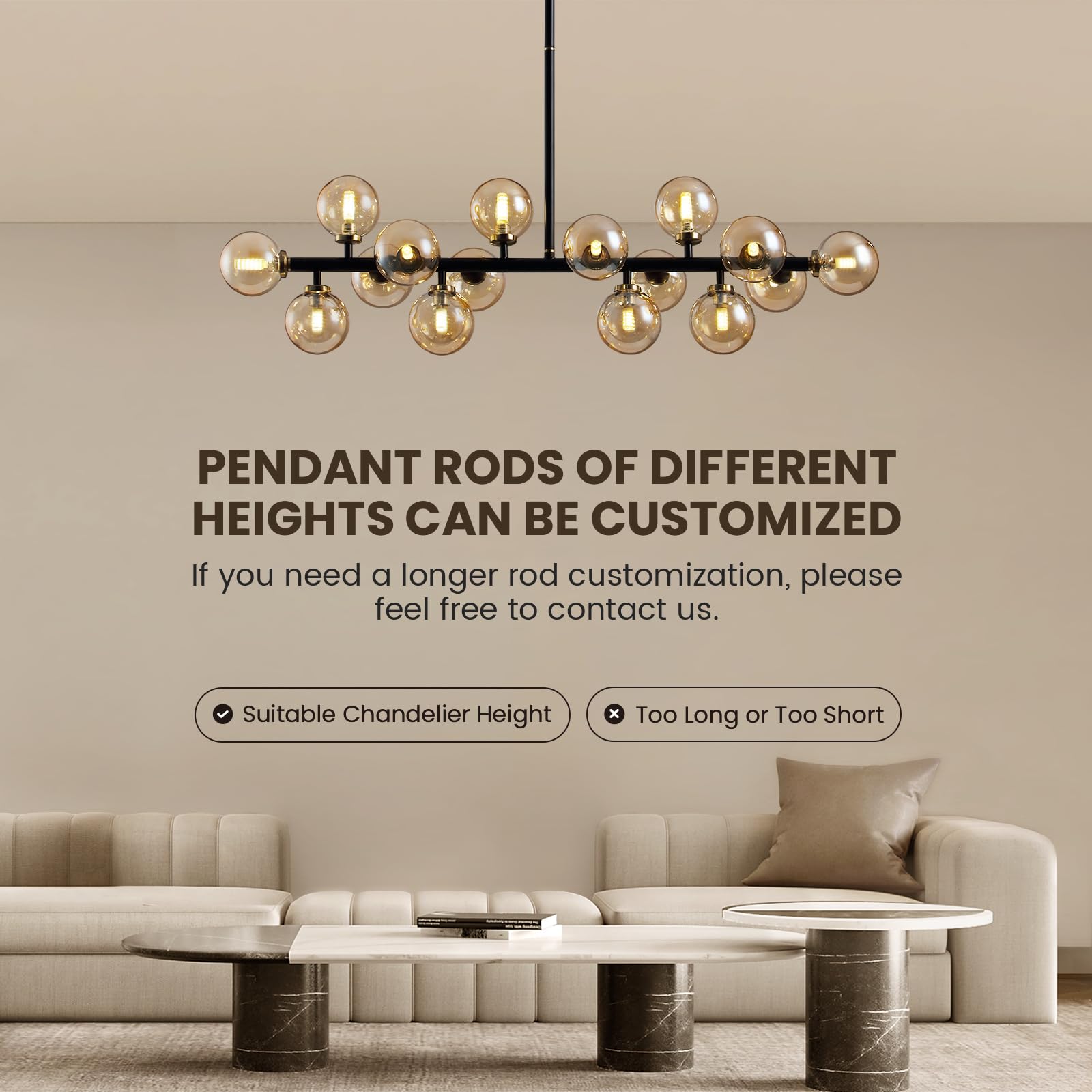 Apbeamlighting Mid Century Modern Chandeliers For Dining Room, 39'' Linear Pendant Light Fixtures With Amber Glass Globe, 16-Lig