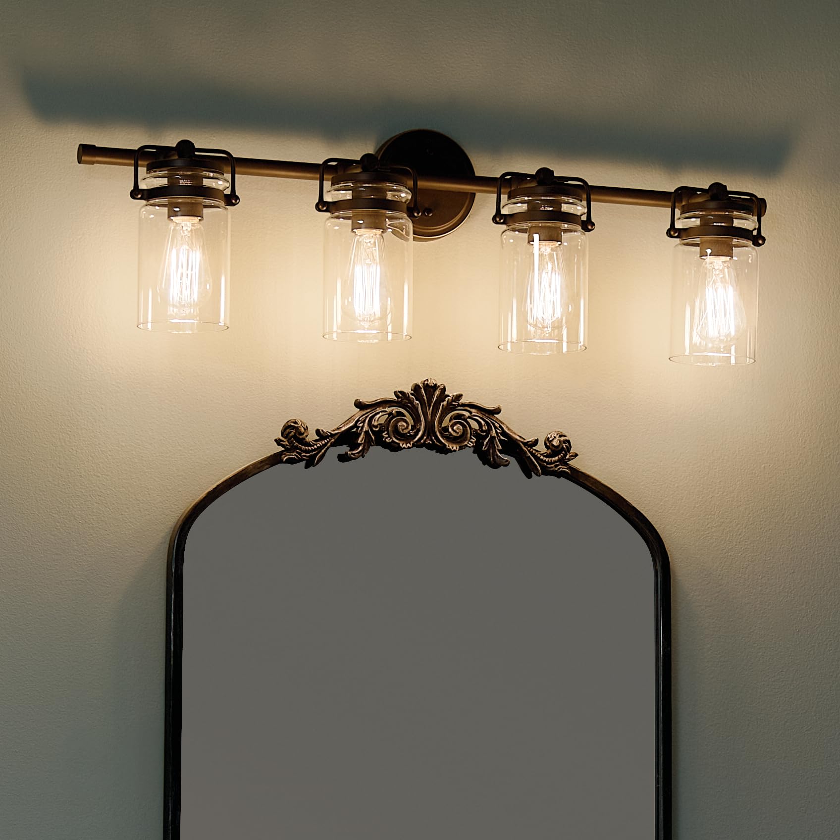 Kichler Brinley 32.25'' Vanity Light In Olde Bronze?, 4-Light Farmhouse Bathroom Light With Clear Glass, (32.25'' W X 10'' H), 4