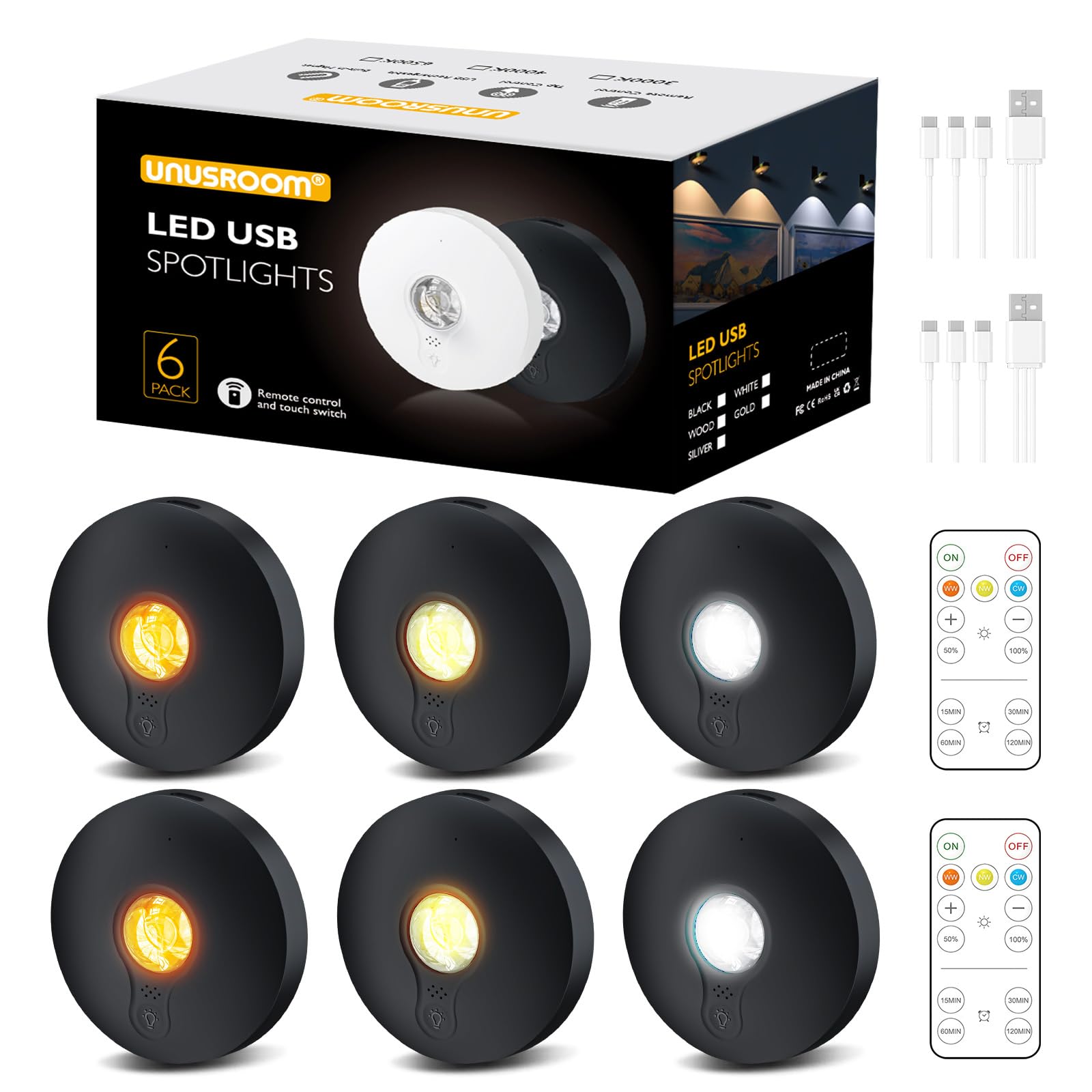 UNUSROOM Rechargeable Puck Lights,LED Under Cabinet Counter,2000mAh Battery Operated Tap Stick on Lights,Touch&Remote Controls D