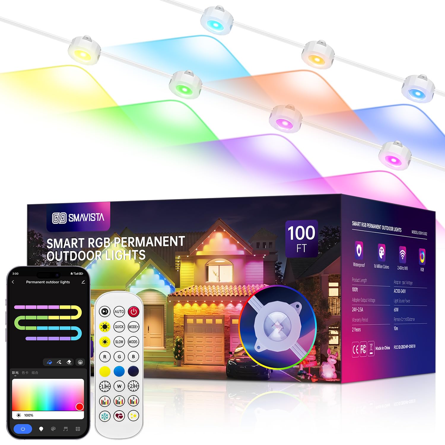 SMAVISTA 100ft RGB LED Outdoor String Lights, IP67 Waterproof, 72 Scene Modes, APP/Voice Control, White - Model OS010-002