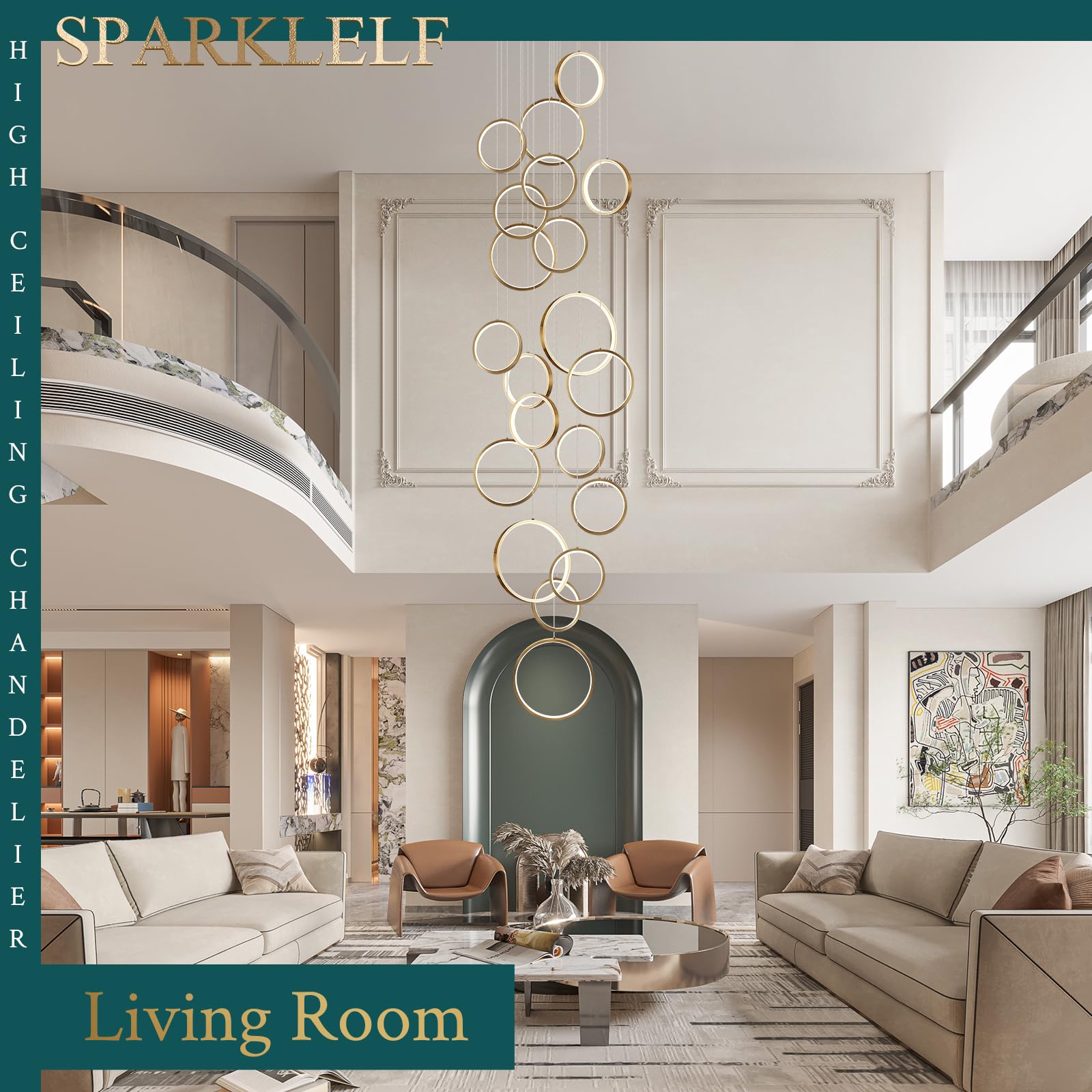 Sparklelf 20-Light Modern LED Chandelier, Dimmable Gold Fixture for High Ceilings, Entryway, Dining, Living Room, 3000-6500K