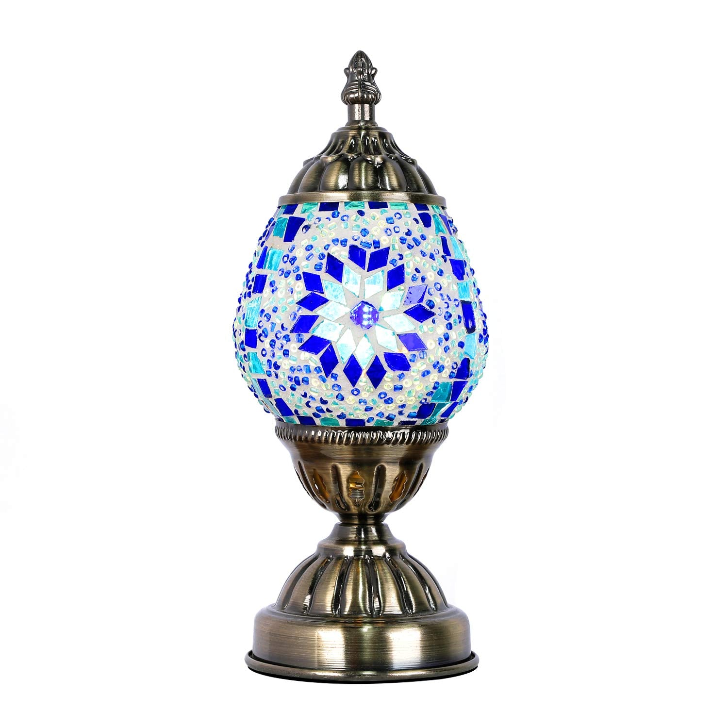 Anton Turkish Table Lamp Handmade Mosaic Glass Egg Shaped Moroccan Lantern Decorative Desk Night Light For Bedroom Living Room With E12 Led Bulb (Blue)