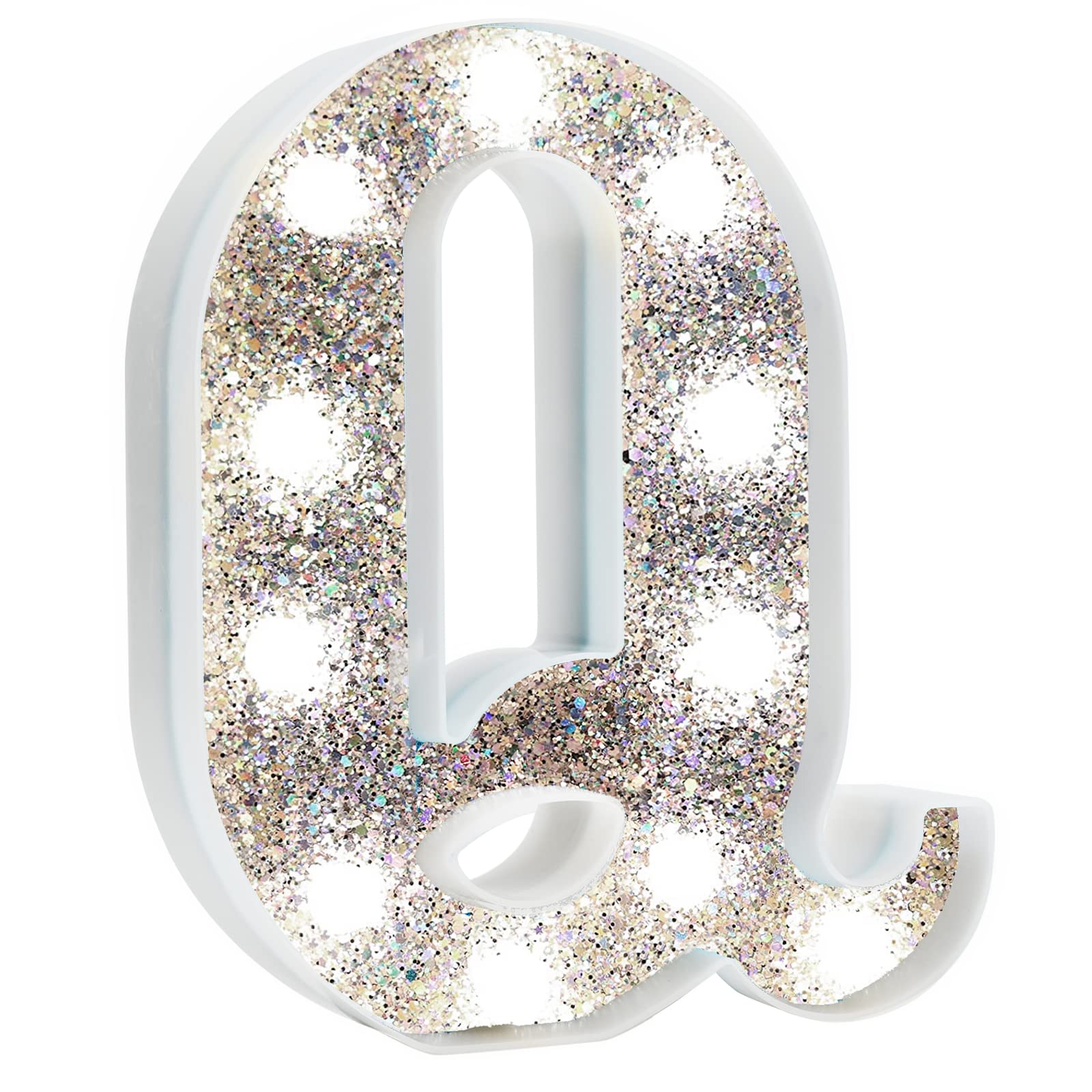 Pooqla LED Marquee Letter Q Light - 16 Colors, Battery Operated, Silver Glitter Night Light for Parties and Bedroom Decor