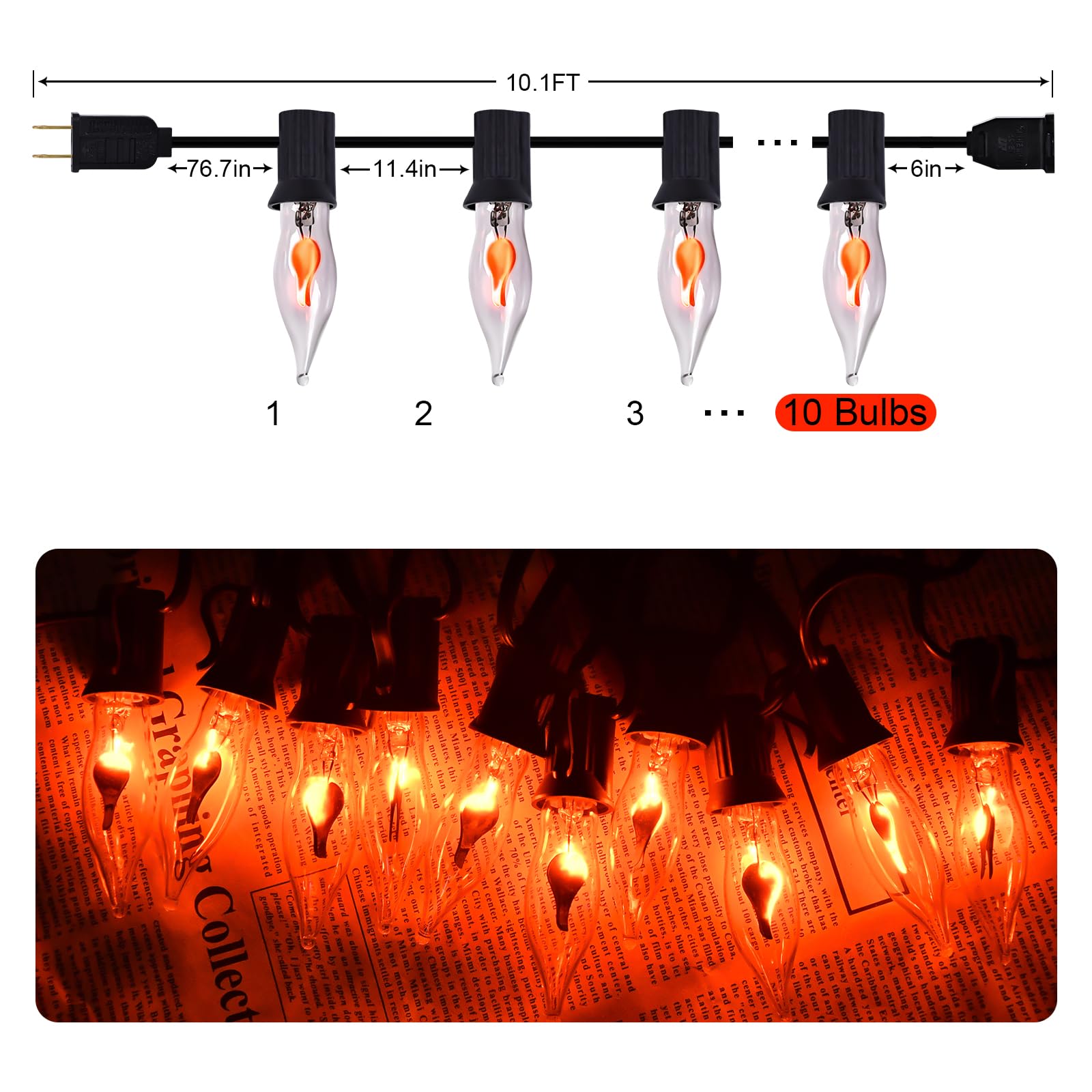 iHeartYard Halloween Flickering Flame String Lights, 10Ft Orange Twinkle Lights for Indoor/Outdoor Decorations, Model DJ141