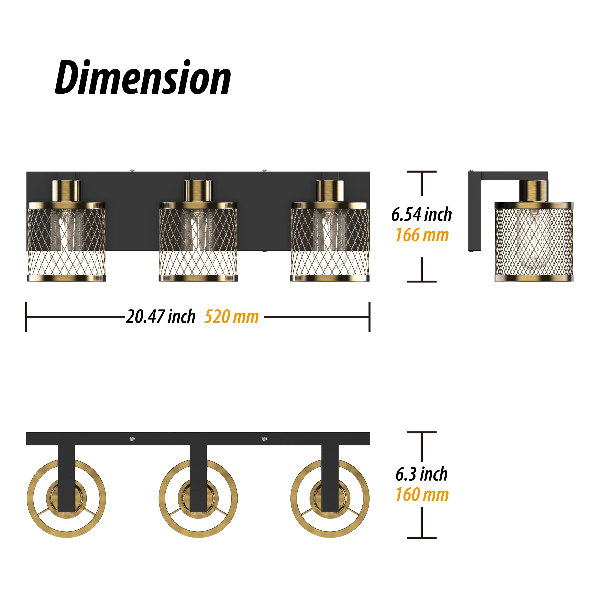 PHIXART Bathroom Light Fixtures - 3-Light Vintage Metal Vanity Light, Black & Gold, 20 inch, Model 9602-3Lights