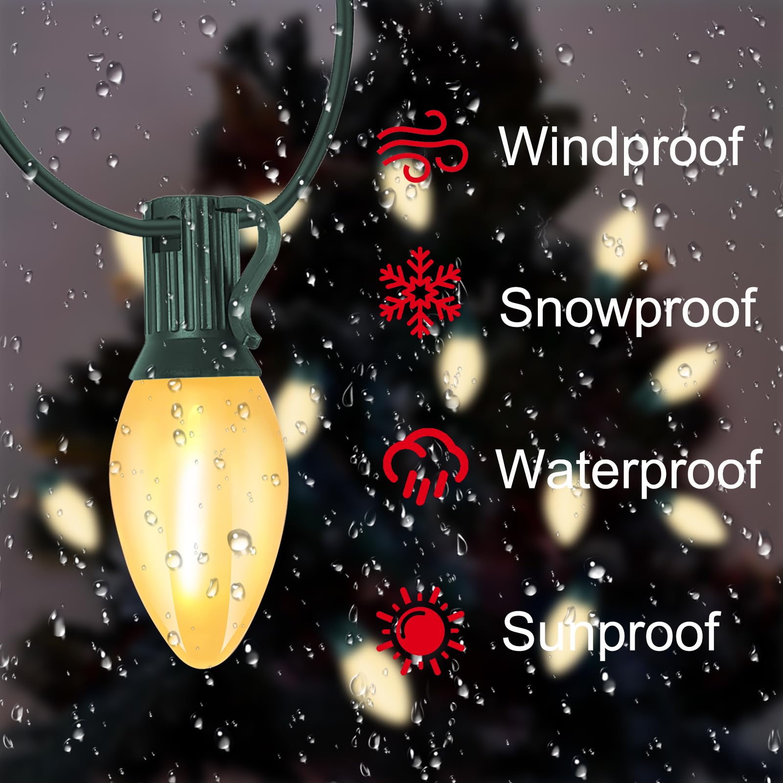 C7 Led Outdoor Frosted White String Lights, 25Ft Led Outdoor Christmas Lights With 27 Clear Shatterproof Bulbs, Hanging Outdoor