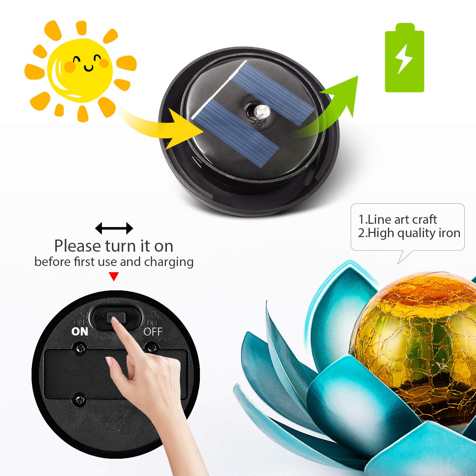 Aiiny Solar Light Outdoor(2Pack), Art Crackle Globe Glass Lotus Decoration, Solar Led Waterproof Blue Metal Flower Lights For Pa