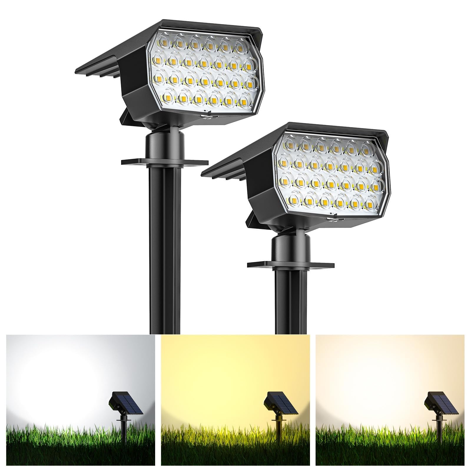 Kipeini Solar Spot Lights Outdoor 2 Pack, [52 LED/ 6 Lighting Modes] Solar Lights Outdoor Waterproof IP65 Dusk to Dawn Solar Pow