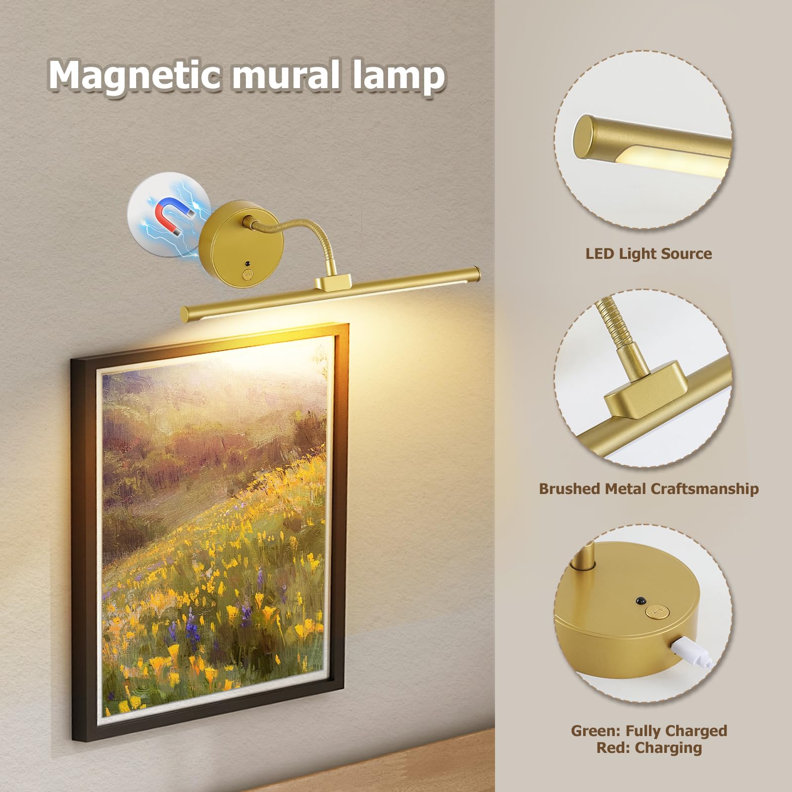 JOOSENLUX Wireless Rechargeable LED Picture Lights - Adjustable Arm, Gold, 12.6 inch, Battery Operated, Remote - 2 Pack