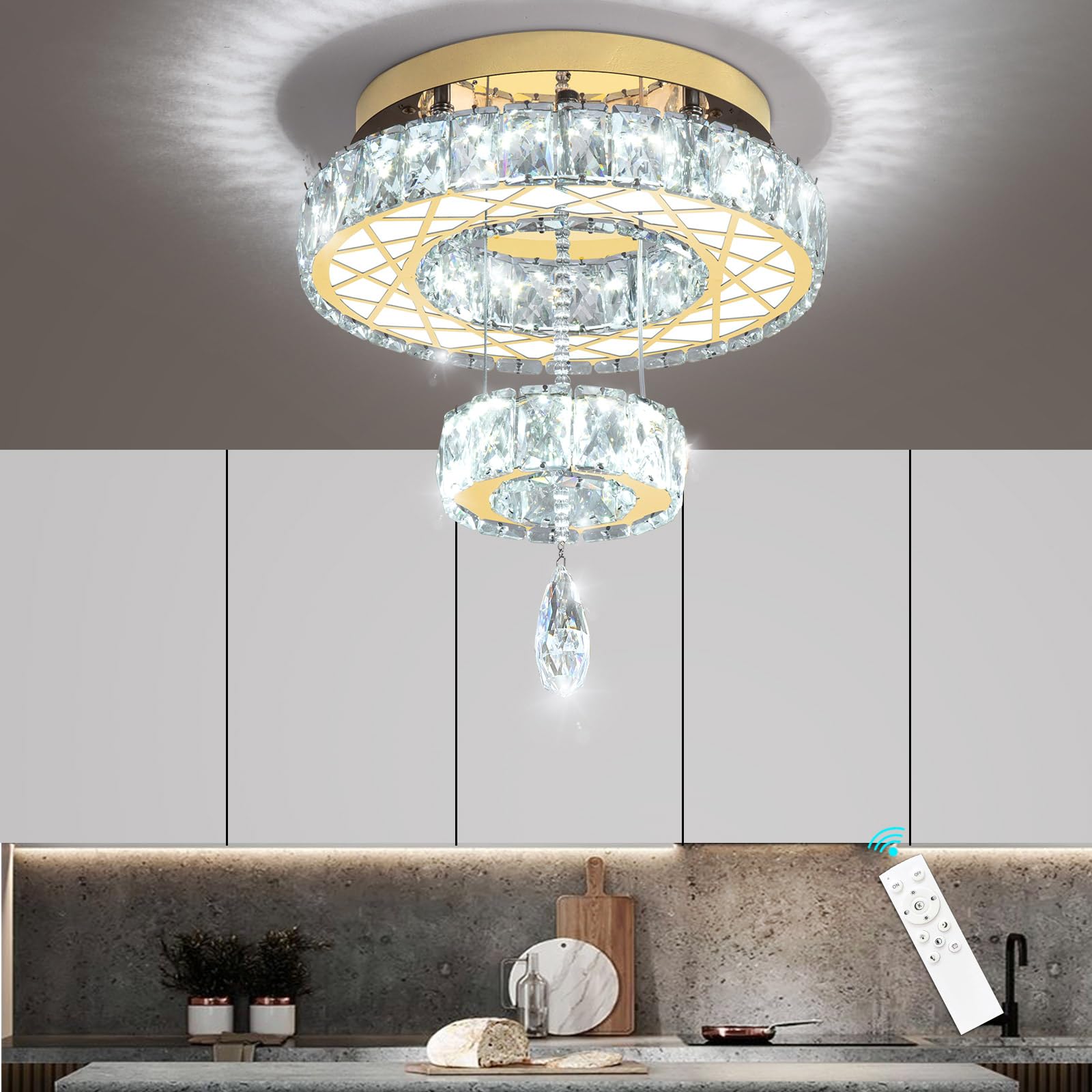 HAIXIANG 16-Inch Glam Chandelier LED Ceiling Light Fixture, Gold, Remote Dimmable, Model MMQ3831