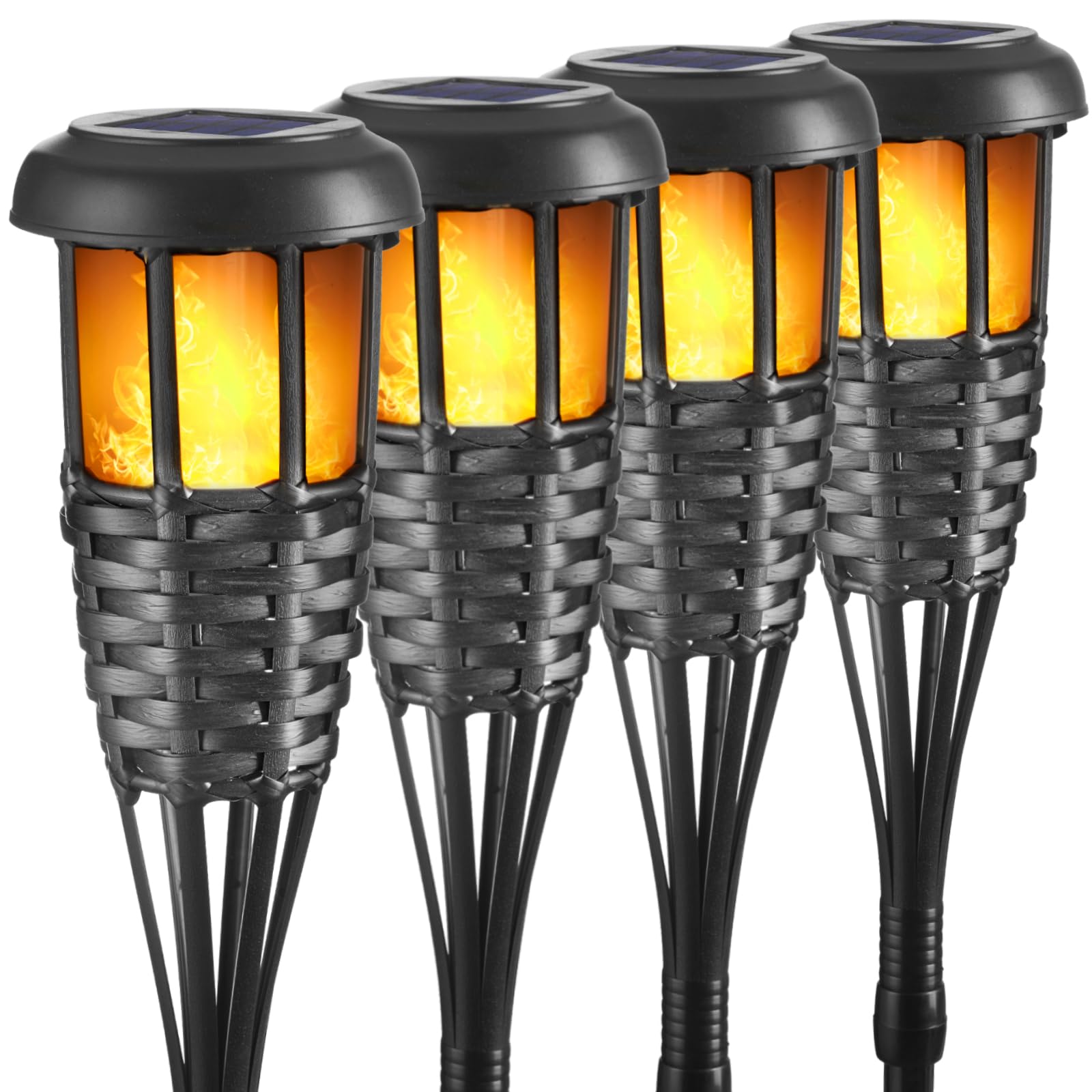 Solar Torch Light with Flickering Flame, 4 Pack Waterproof Bamboo Torches Hand-Woven Rattan Solar Tiki Torches for Outside Patio