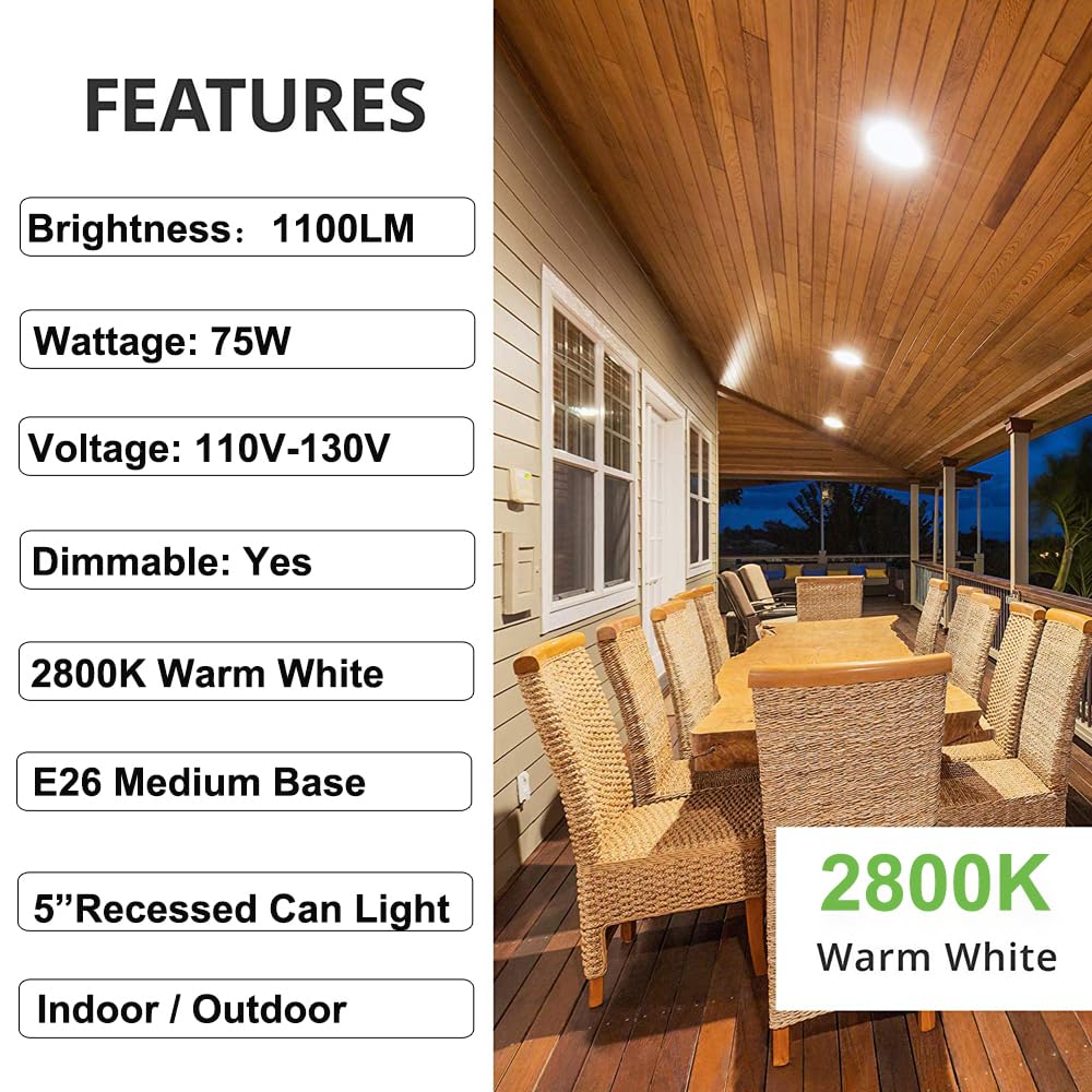Vinaco PAR30 Long Neck Halogen Bulbs, 75W 120V, Dimmable, 1100LM, 6-Pack, Warm White 2800K, Glass