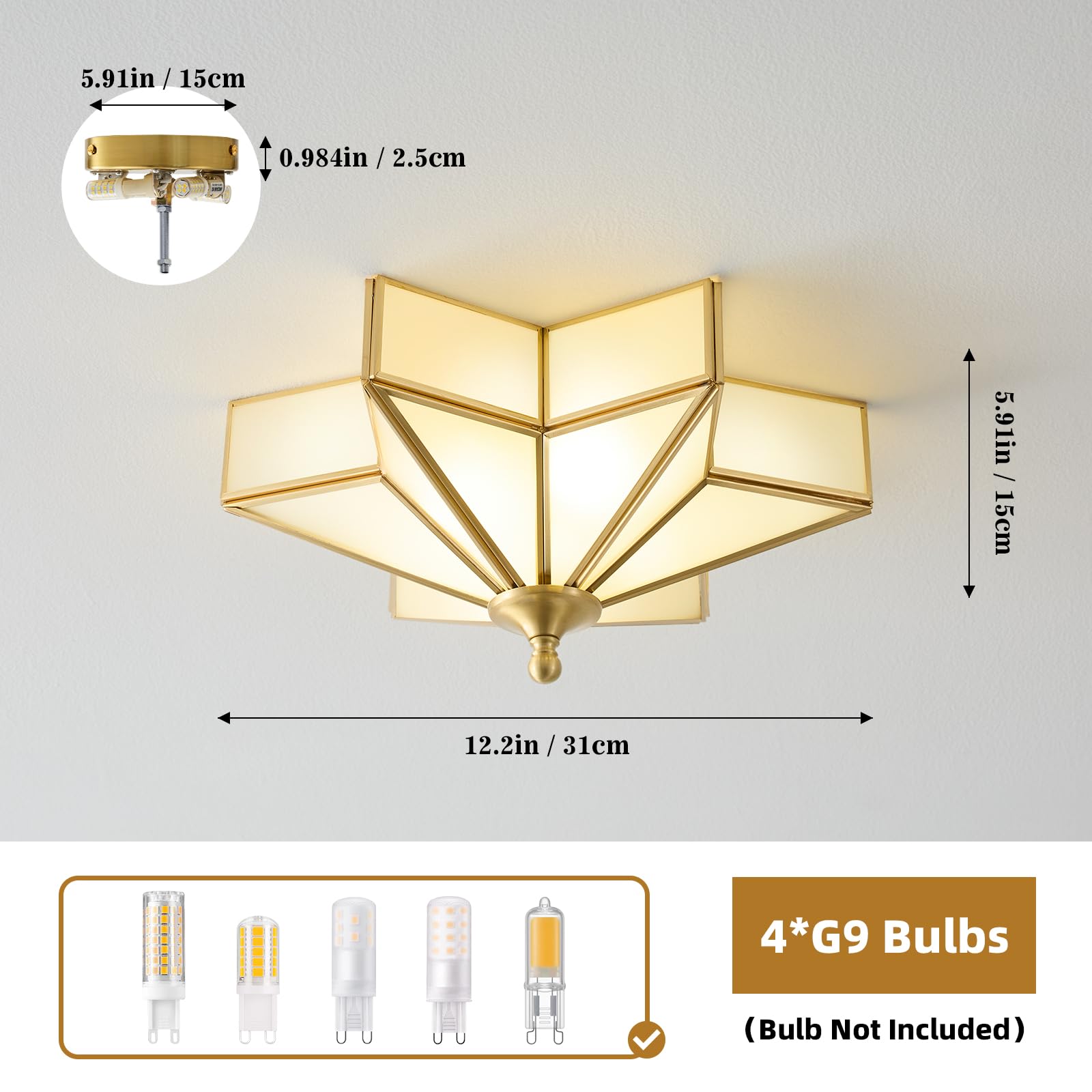Brass Star Gold Ceiling Light - Small 12 Inch Milk Glass Flush Mount Fixture - Unique Art Deco Vintage Modern Lighting Lights For Bedroom Dining Foyer Entryway Hall Hallway Outdoor Porch Fixtures