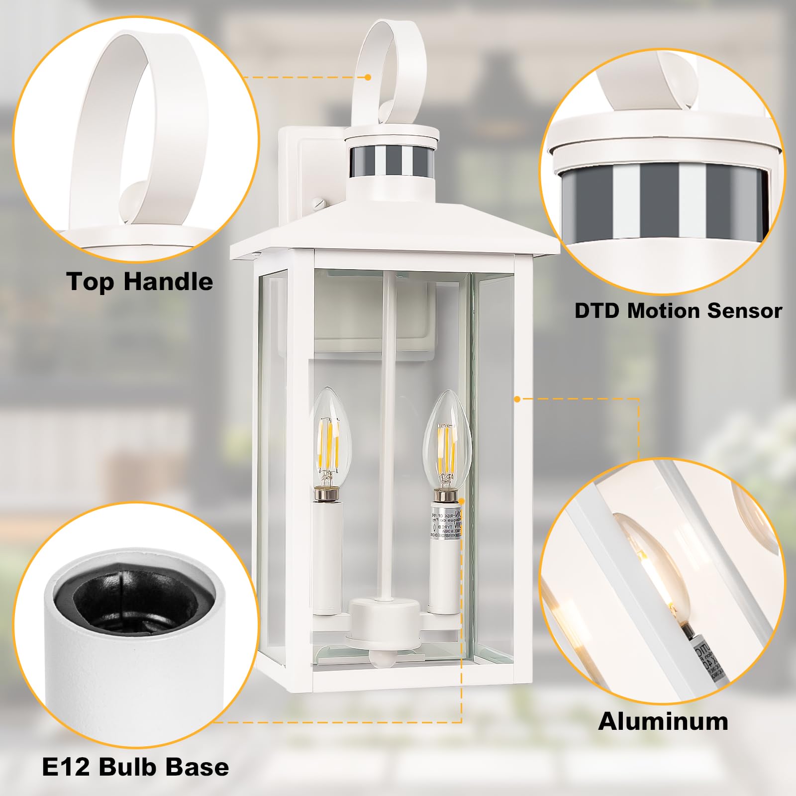 White Motion Sensor Light Outdoor, 18" Etl Listed Outdoor Lights With Sensor Detection, 2-Light Aluminum White Outdoor Light Fixture With E12 Socket, Outdoor House Lights Wall Mount For House