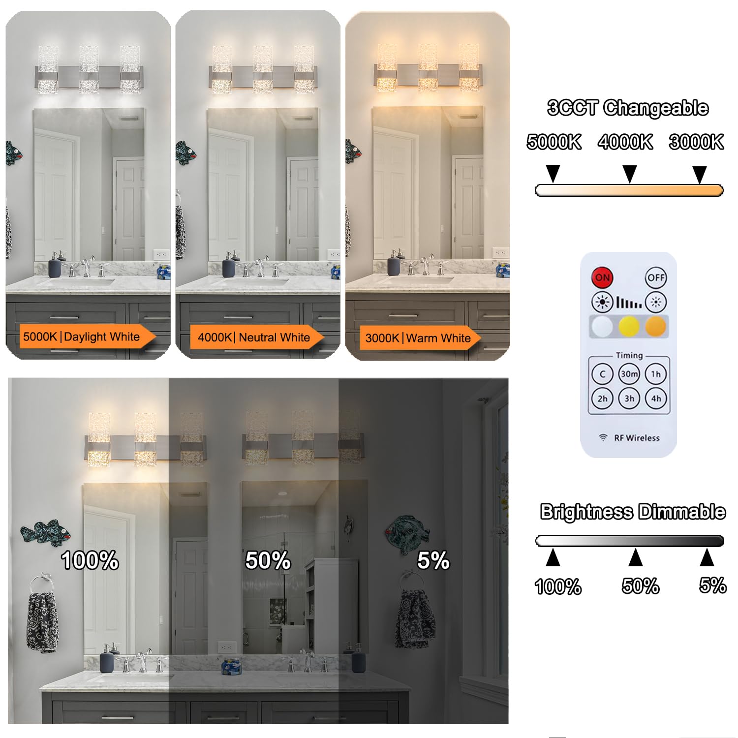 Modern Brushed Nickel 6-Lights Bathroom Vanity Light  Eleglant Nickel Led Bathroom Light Fixtures Over Mirror  Dimmable Acrylic Shade Wall Lighting Fixtures  Hardwired Wall Light(H9.25In  L21.26In)