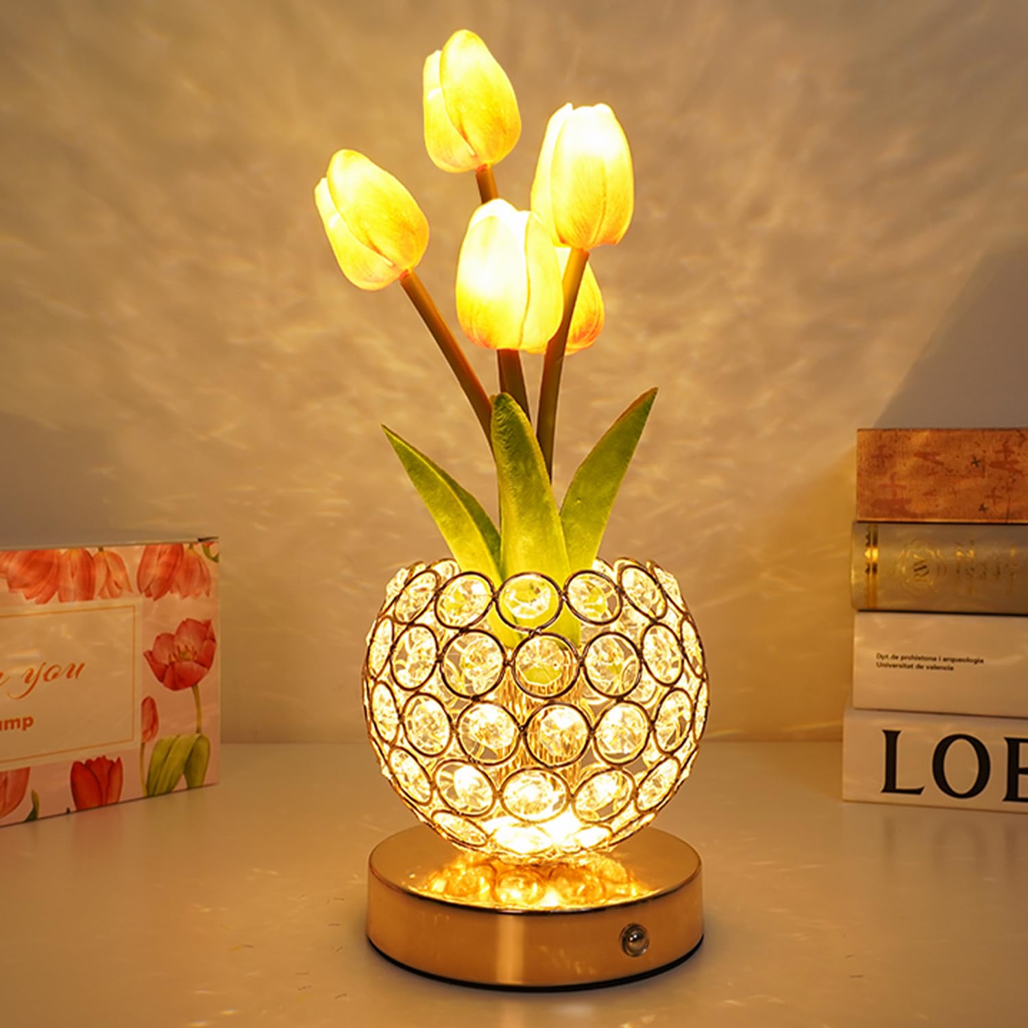 Komothala Tulip Flower Lamp,4000mAh Rechargeable Cordless Lamp with 3-Colour Stepless Dimming,Touch Control Cordless Table Lamp 