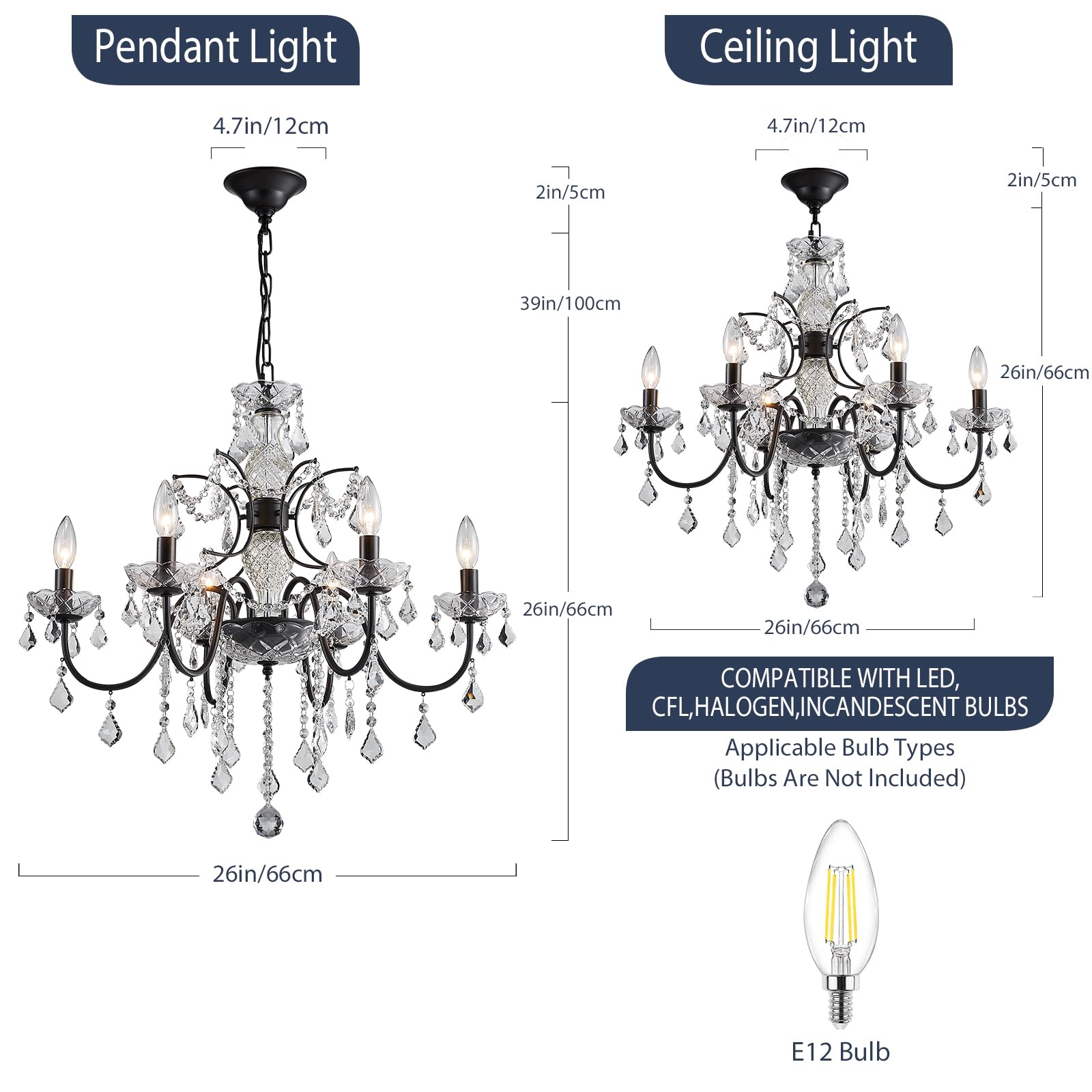 Bestier 6-Light Crystal Candle Candelabra Chandelier, Black Finish, 26" Dia x 26" H, Model 611885202801