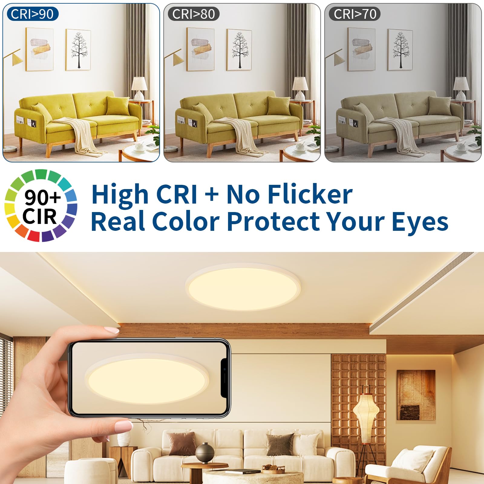 Modern 20'' Led Ceiling Light Fixture, Ultra Thin Flush Mount, Brightness Dimmable & 3000K/4500K/6000K Selectable, 40W 5000Lm, W