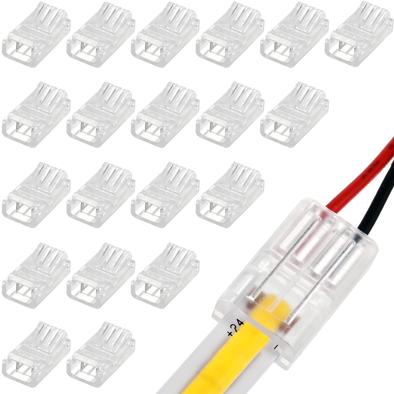 Cob Led Strip To Wire Connector 20 Pieces Waterproof Led Adapter Connectors Transparent Solderless Led Light Strip Connectors For Strip Light Unwired Gapless Track Lighting Connector (2 Pin, 10 Mm)