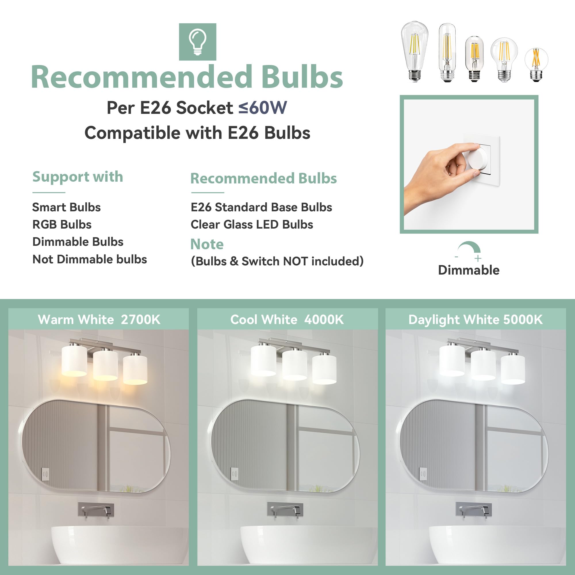 Honesorn 3-Light Bathroom Vanity Light, Brushed Nickel, Frosted Shade, Model TK-JQD-MS-YS-3, Anti-Rust Nickel Finish