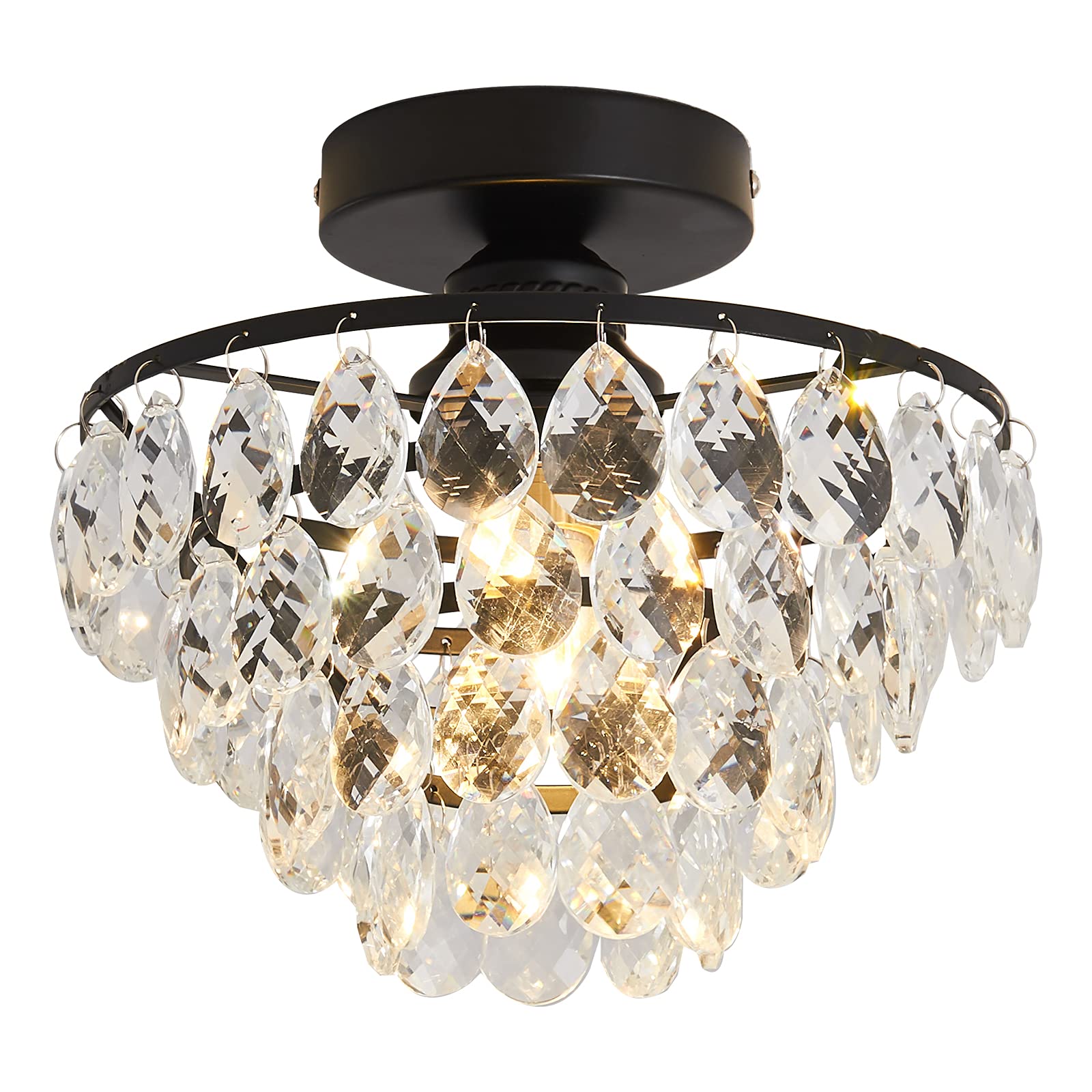 YYJLX Modern Small Crystal Ceiling Light Fixture Mini Black Semi Flush Mount Chandelier Light Fixture for Hallway Bedroom Bathro