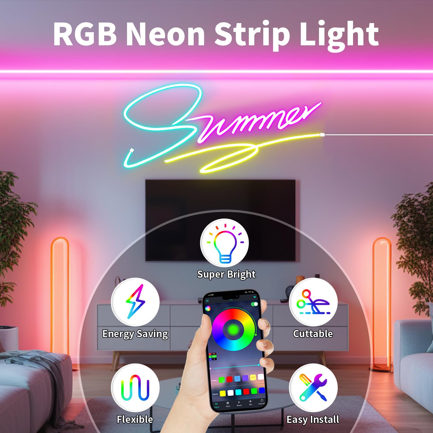 Inextstation Rgb Neon Led Strip Lights, 16.4Ft 12V Flexible Rope Lights Color Changing Multiple Modes Control With App & Remote,