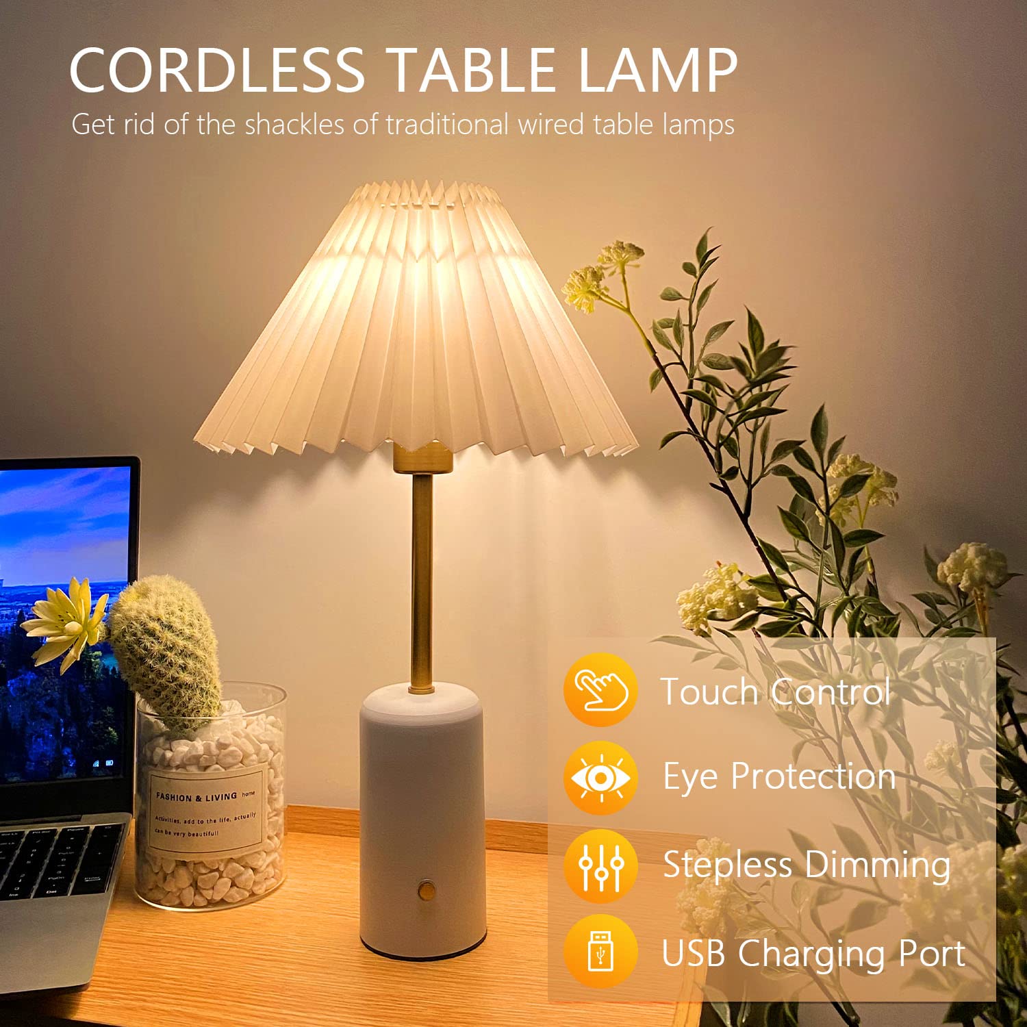 Chloranthus Cordless Table Lamp, Touch Control Stepless Dimming, 5000Mah Rechargeable Battery Pleated Desk Lamp For Bedroom/Beds