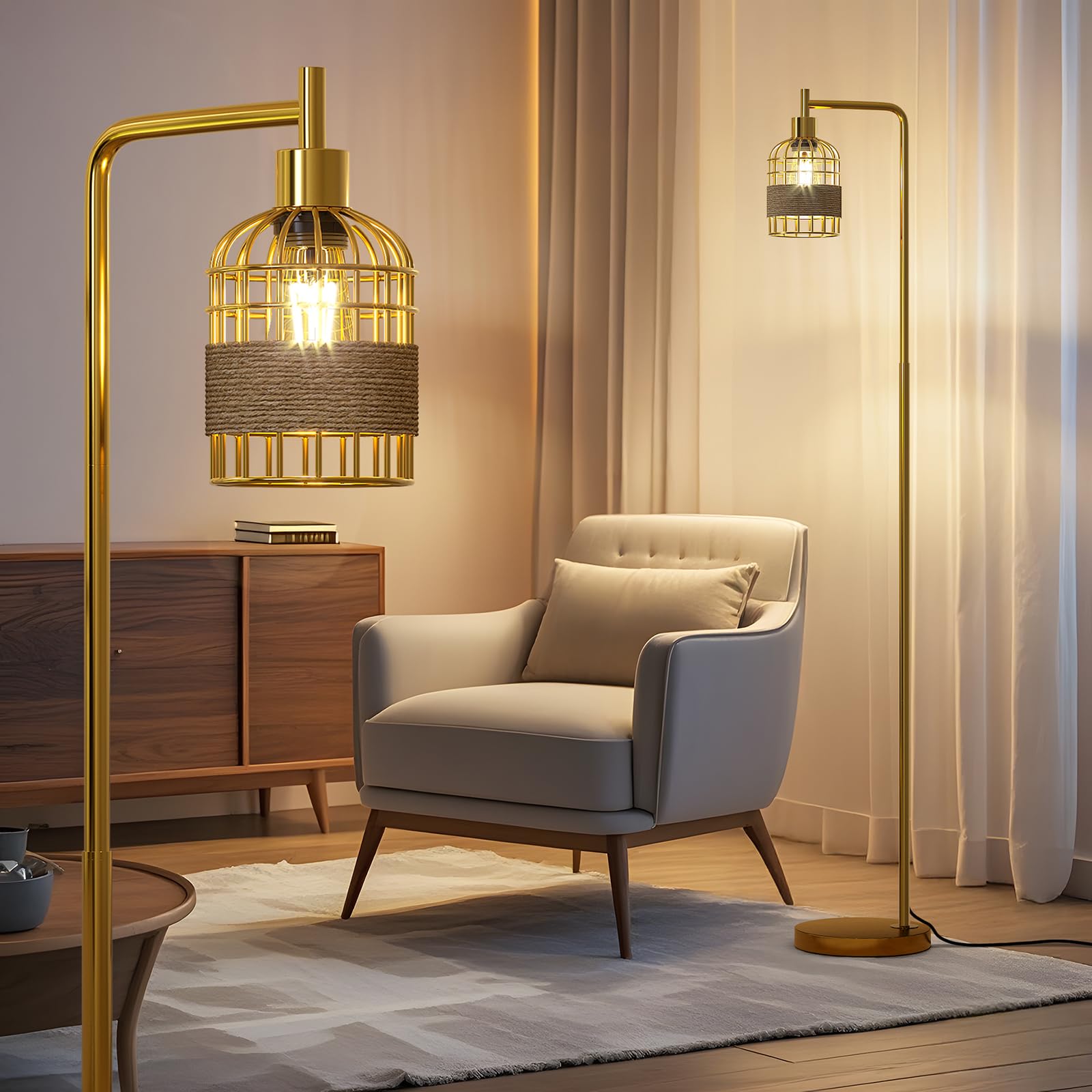 Oneach 66'' Gold Floor Lamp For Living Room, Industrial Floor Lamp With Led Buld, Rattan Shade, Foot Switch, Minimalist Farmhous