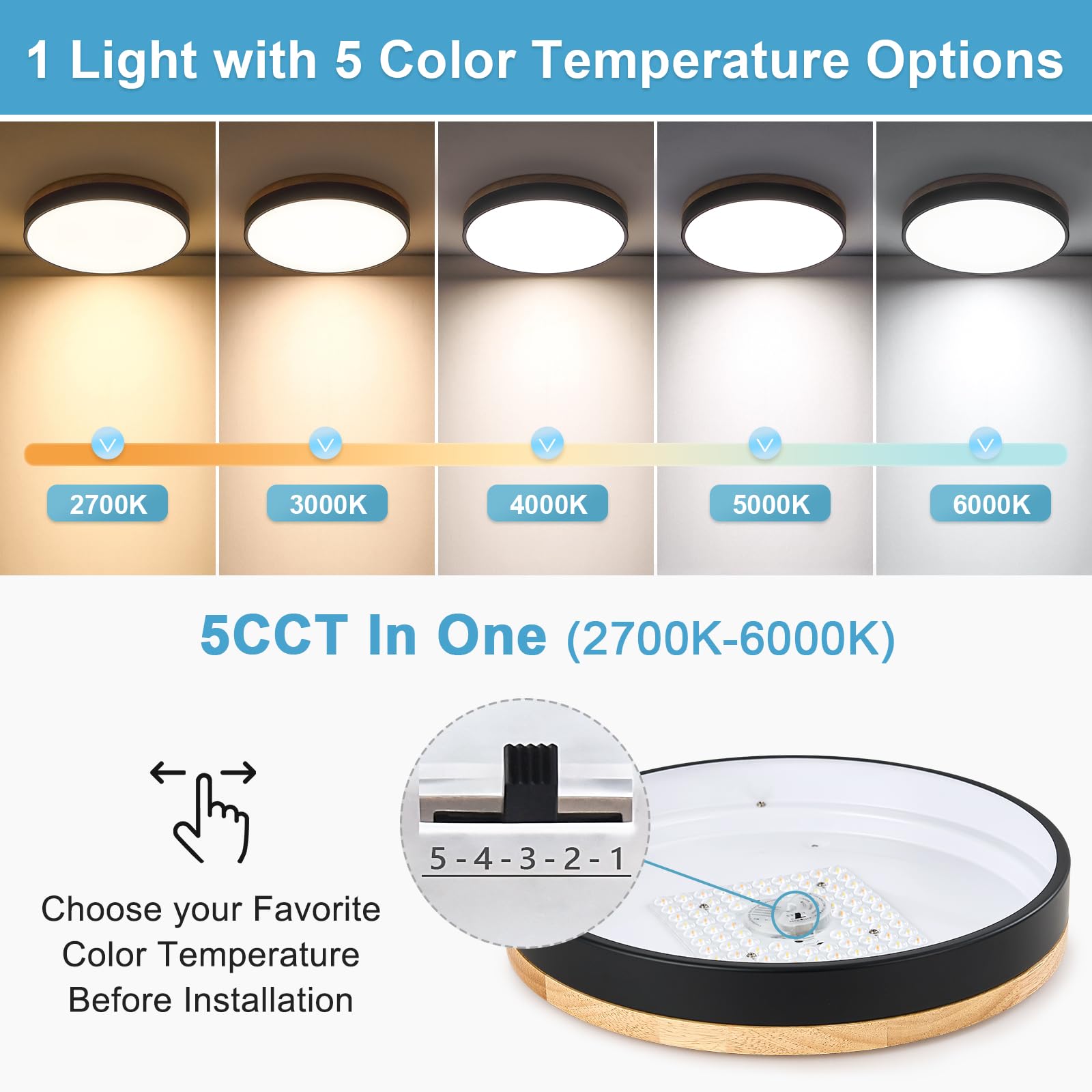 Teminbu Dimmable Wood Led Ceiling Light, 5Cct 2700K-6000K Modern Black Flush Mount Ceiling Light, Minimalist Round Close To Ceil